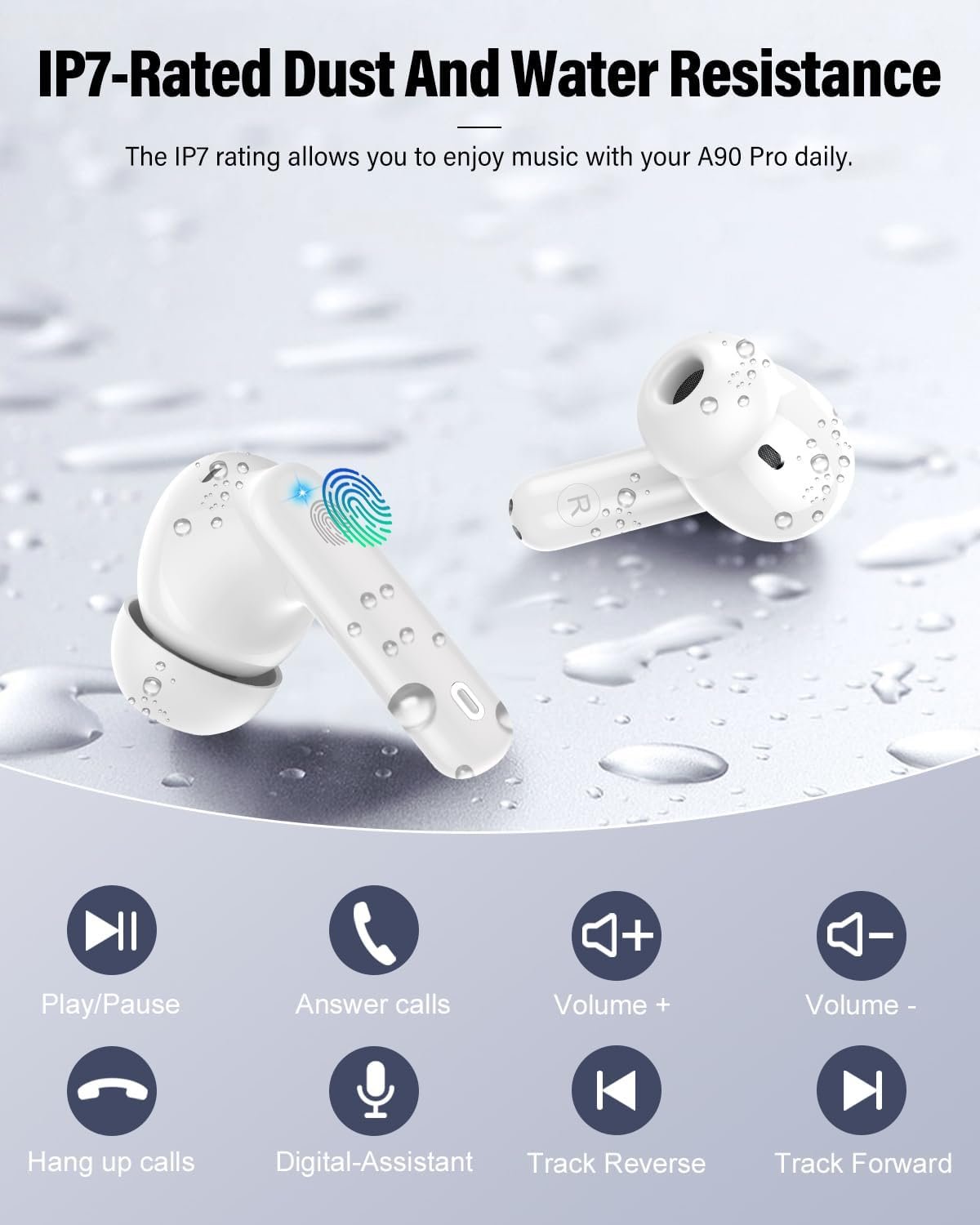 Wireless Earbuds, Bluetooth 5.4 Headphones Bass Stereo, Ear Buds with Noise Cancelling Mic, LED Display in Ear Earphones Clear Calls, IP7 Waterproof Bluetooth Earbuds for Phones/Sports/Laptop, White