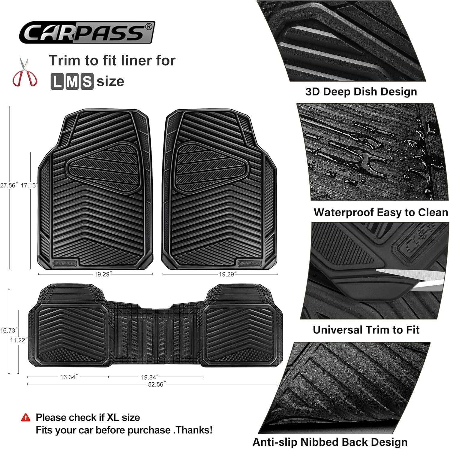 CAR PASS Rubber Car Mats, Waterproof Car Floor Mats All Weather,Car Mat Full Set 3 Piece, Automotive Floor Mat Trim to Fit for Cars Sedans SUVs Trucks, Anti-Slip Easy Clean, All Black