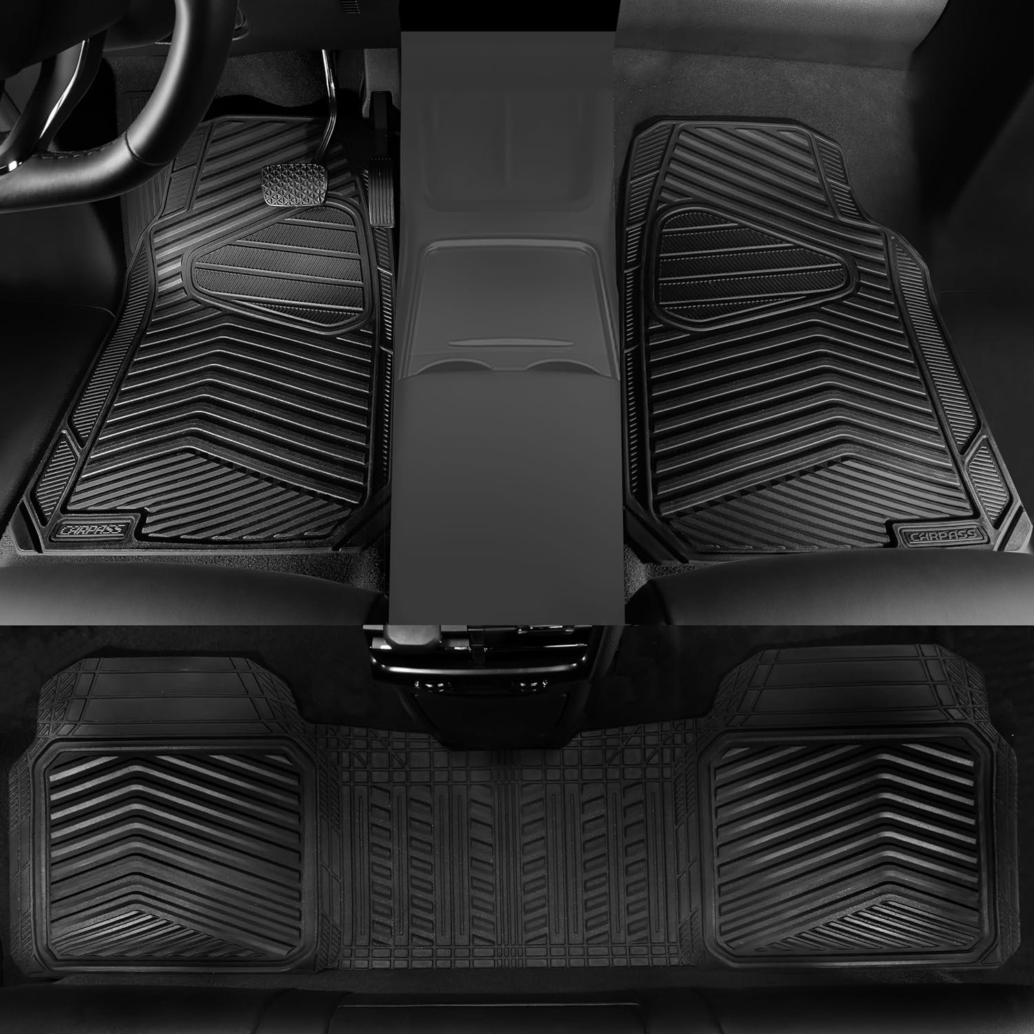 CAR PASS Rubber Car Mats, Waterproof Car Floor Mats All Weather,Car Mat Full Set 3 Piece, Automotive Floor Mat Trim to Fit for Cars Sedans SUVs Trucks, Anti-Slip Easy Clean, All Black