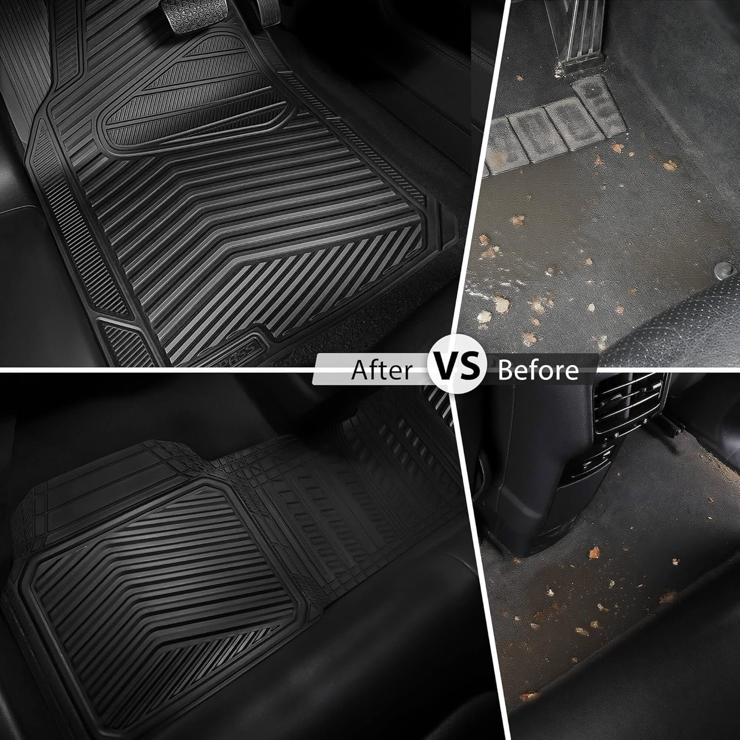 CAR PASS Rubber Car Mats, Waterproof Car Floor Mats All Weather,Car Mat Full Set 3 Piece, Automotive Floor Mat Trim to Fit for Cars Sedans SUVs Trucks, Anti-Slip Easy Clean, All Black