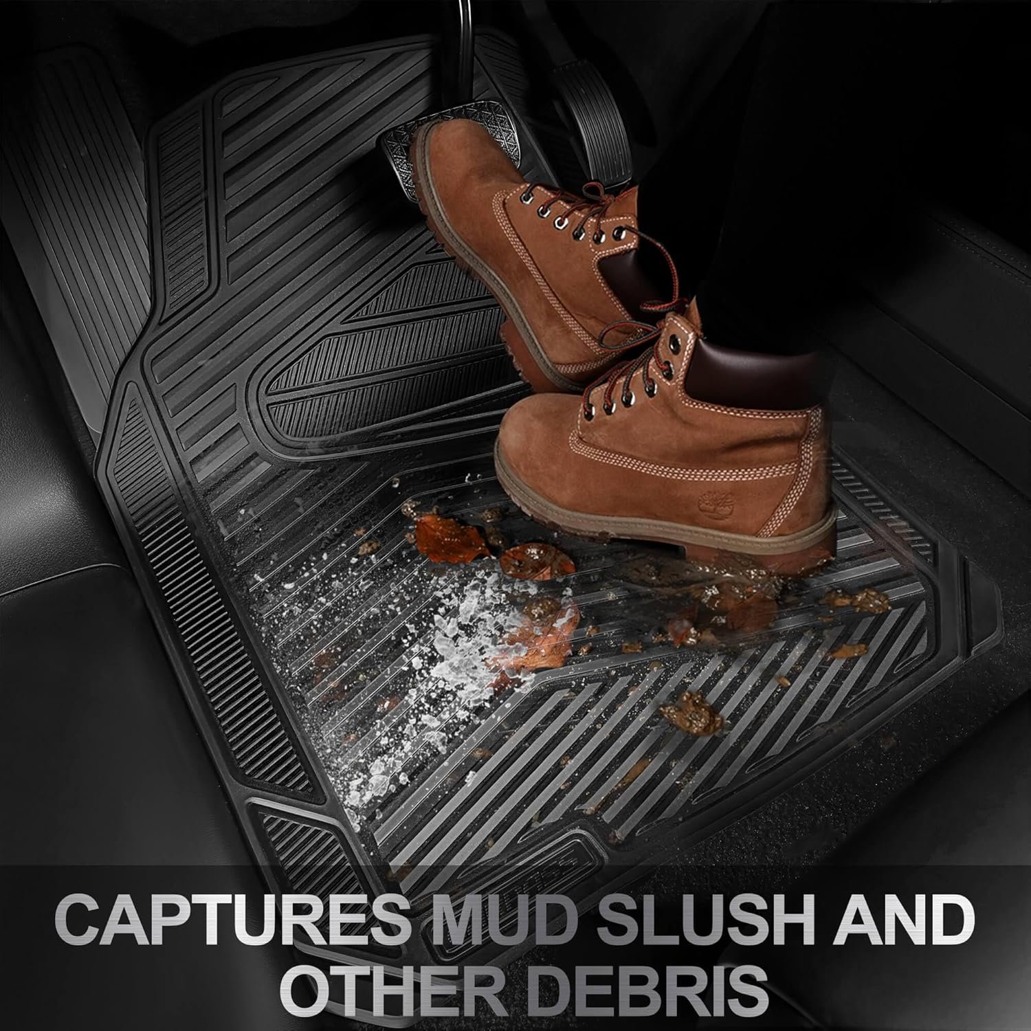 CAR PASS Rubber Car Mats, Waterproof Car Floor Mats All Weather,Car Mat Full Set 3 Piece, Automotive Floor Mat Trim to Fit for Cars Sedans SUVs Trucks, Anti-Slip Easy Clean, All Black