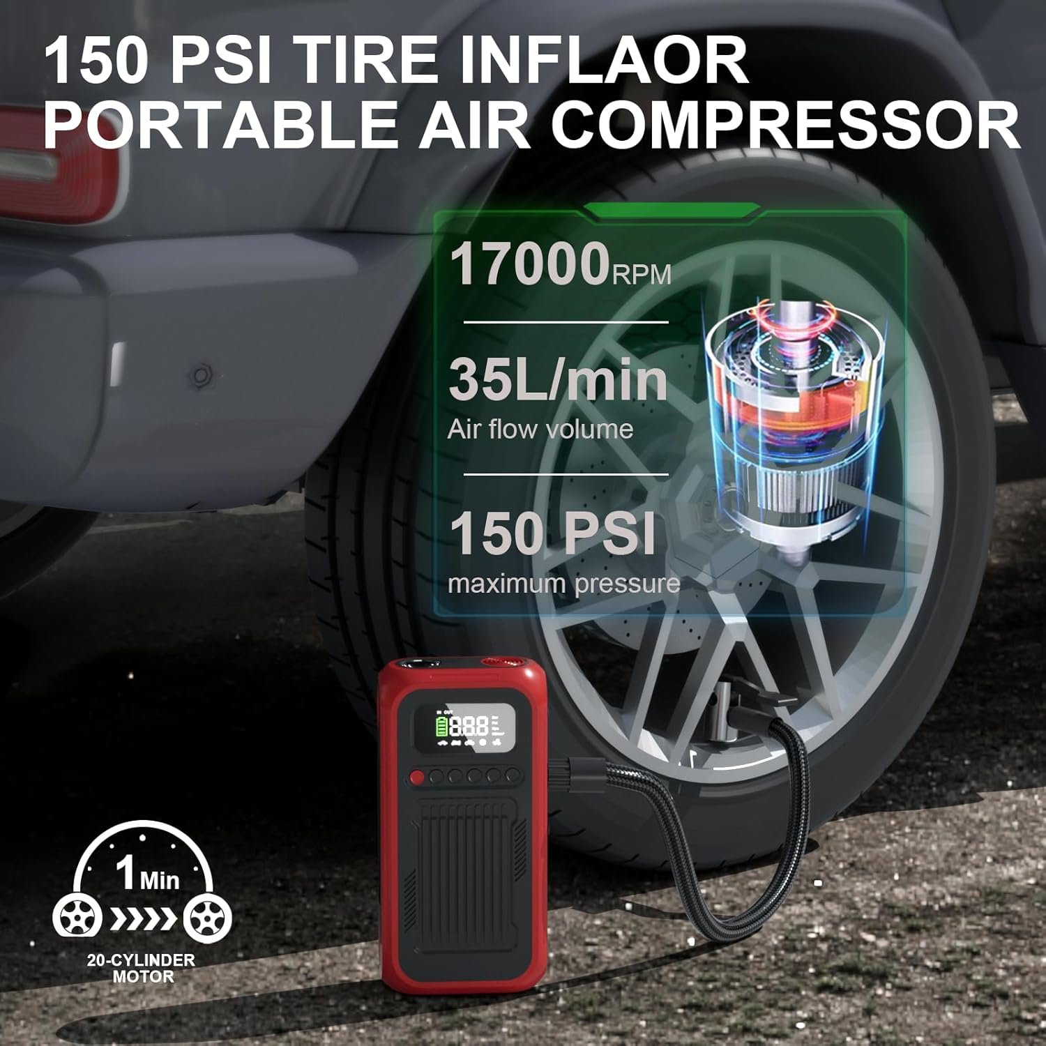 Portable Air Compressor with Jump Starter, 150 PSI Digital Tire Inflator 4000A Car Battery Jumper Box with 20000mAh Power Bank, Auto Shut-off Cordless Air Pump for Cars, Trucks, Motorcycles, Bikes