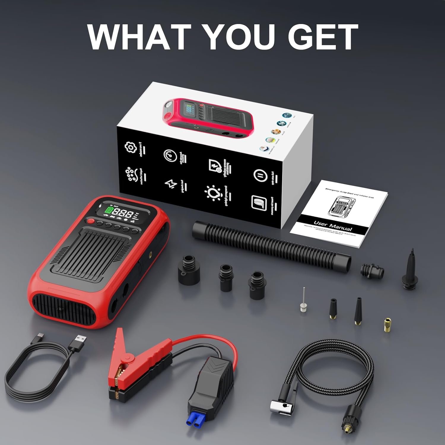 Portable Air Compressor with Jump Starter, 150 PSI Digital Tire Inflator 4000A Car Battery Jumper Box with 20000mAh Power Bank, Auto Shut-off Cordless Air Pump for Cars, Trucks, Motorcycles, Bikes