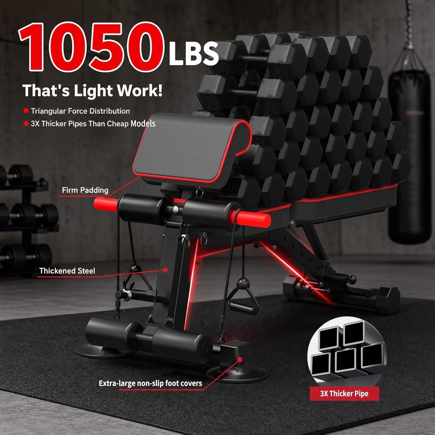 K KiNGKANG Adjustable Weight Bench, Foldable Home Gym, 1050lbs Capacity | Heavy-duty steel frame, 1050lbs max load, 8-level backrest adjustment, no assembly required, compact foldable design