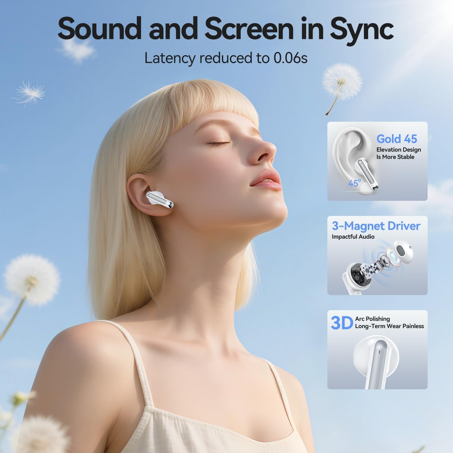 Wireless Earbuds, Bluetooth 5.4 Headphones HiFi Stereo with 4 HD Mic, 50H Playtime Bluetooth Earbuds with Dual LED Display, IPX7 Waterproof Wireless Earphones, Touch Control Ear Buds,USB-C,White