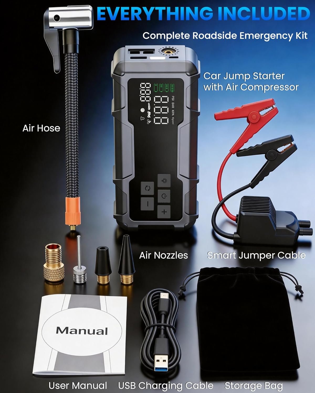 150 PSI 8000A Tire Inflator Portable Air Compressor, Jump Starter with Air Pump with Digital Gauge & LED Light, 12V Car Battery Jump Box with Power Bank for Car, Motorcycle, Bicycle, Ball