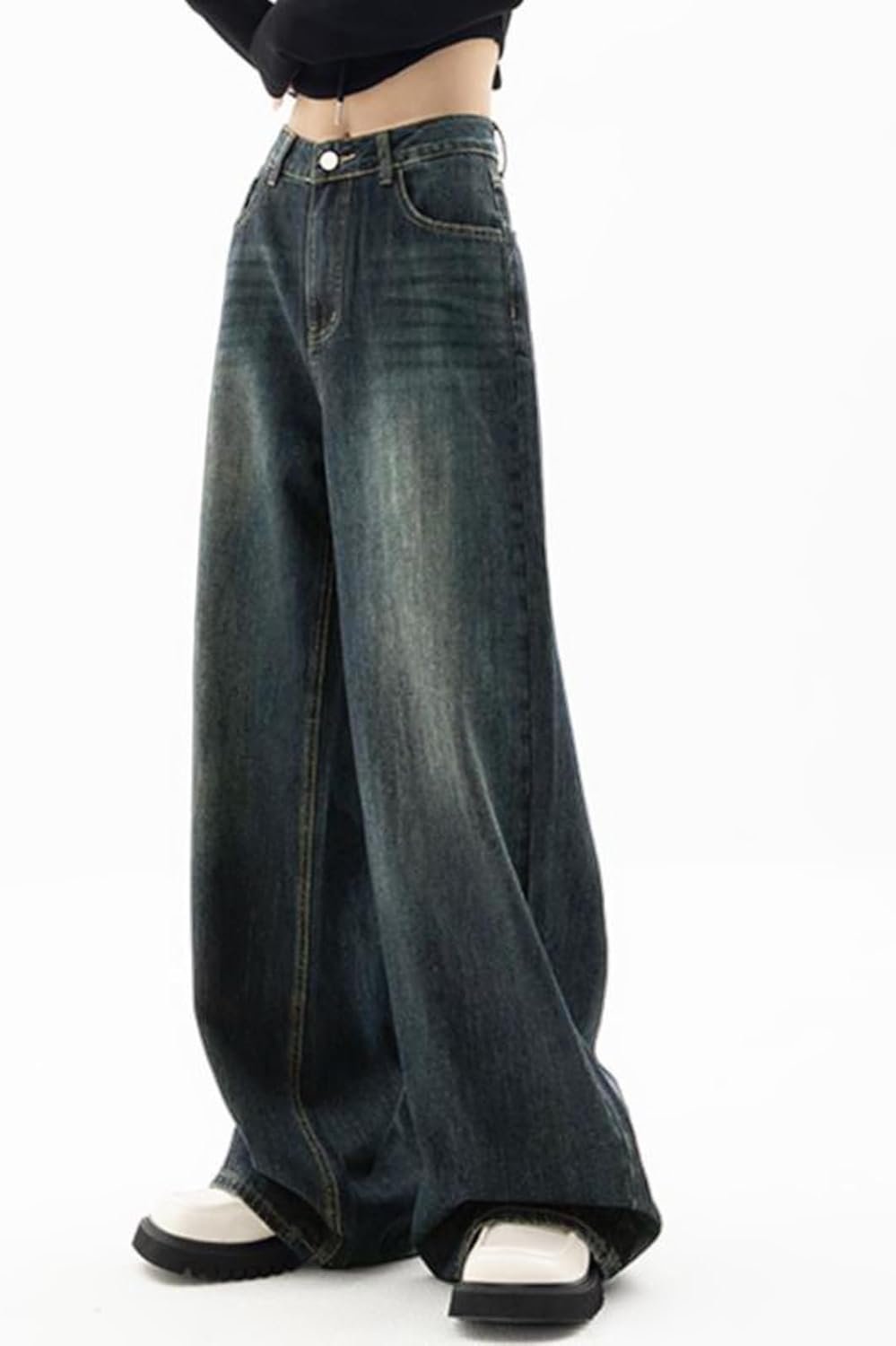 EMMIOL Women Baggy Jeans Mid-Low Waist Boyfriend Streetwear Vintage Jeans Wide Leg Denim Pants
