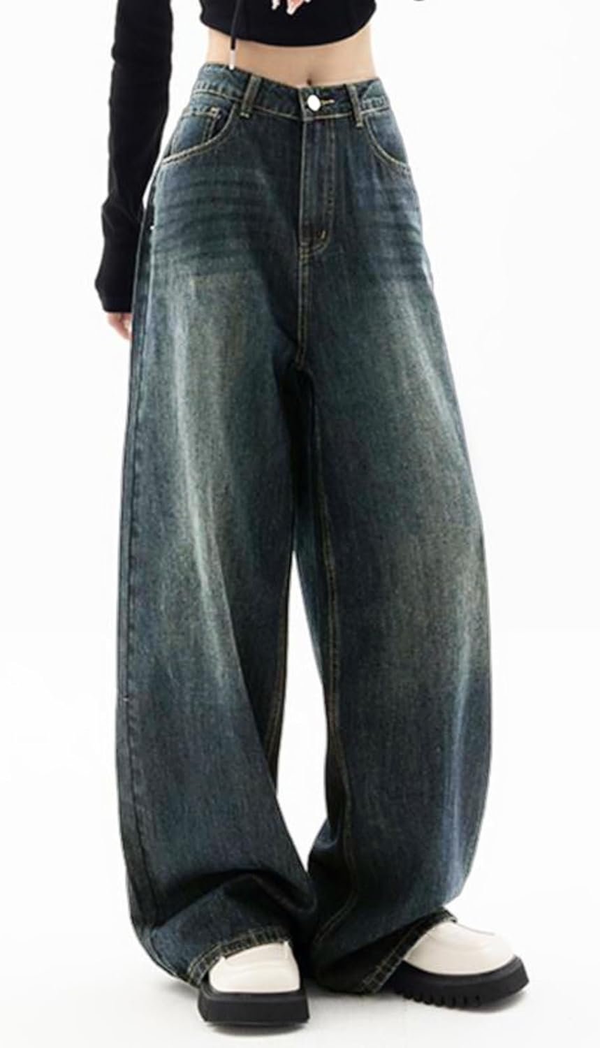 EMMIOL Women Baggy Jeans Mid-Low Waist Boyfriend Streetwear Vintage Jeans Wide Leg Denim Pants