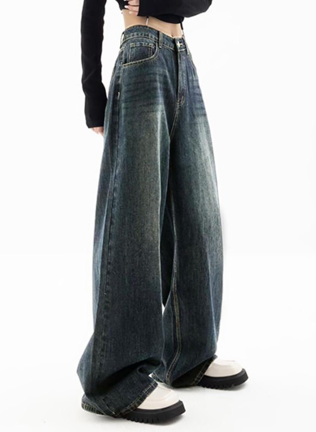 EMMIOL Women Baggy Jeans Mid-Low Waist Boyfriend Streetwear Vintage Jeans Wide Leg Denim Pants