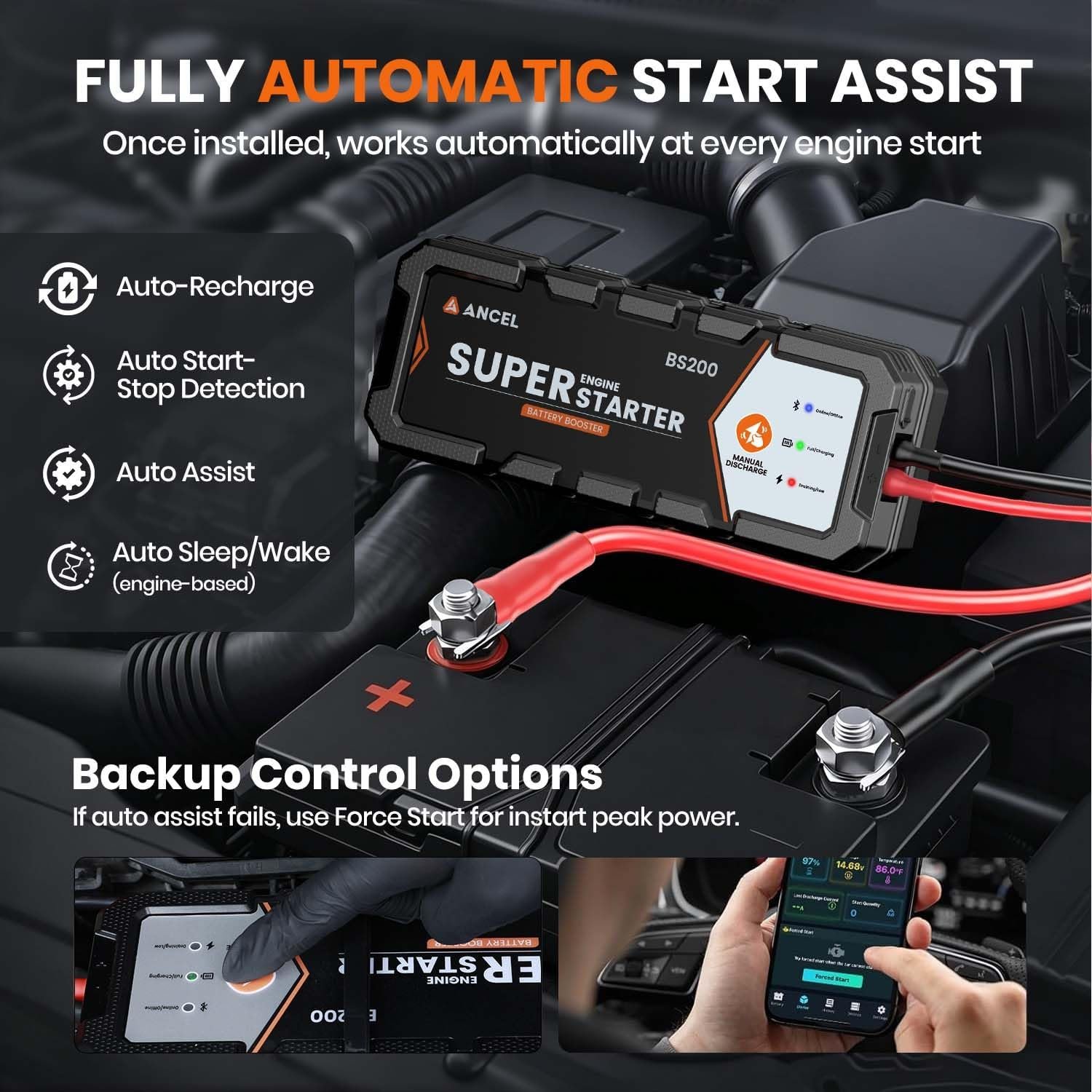 ANCEL BS200 Super Starter, Permanently Connected Jump Starter with Super Capacitor & Battery Protection System, Health Monitoring, 700A Start Assist for 3.0L Vehicles, -40°F to 176°F