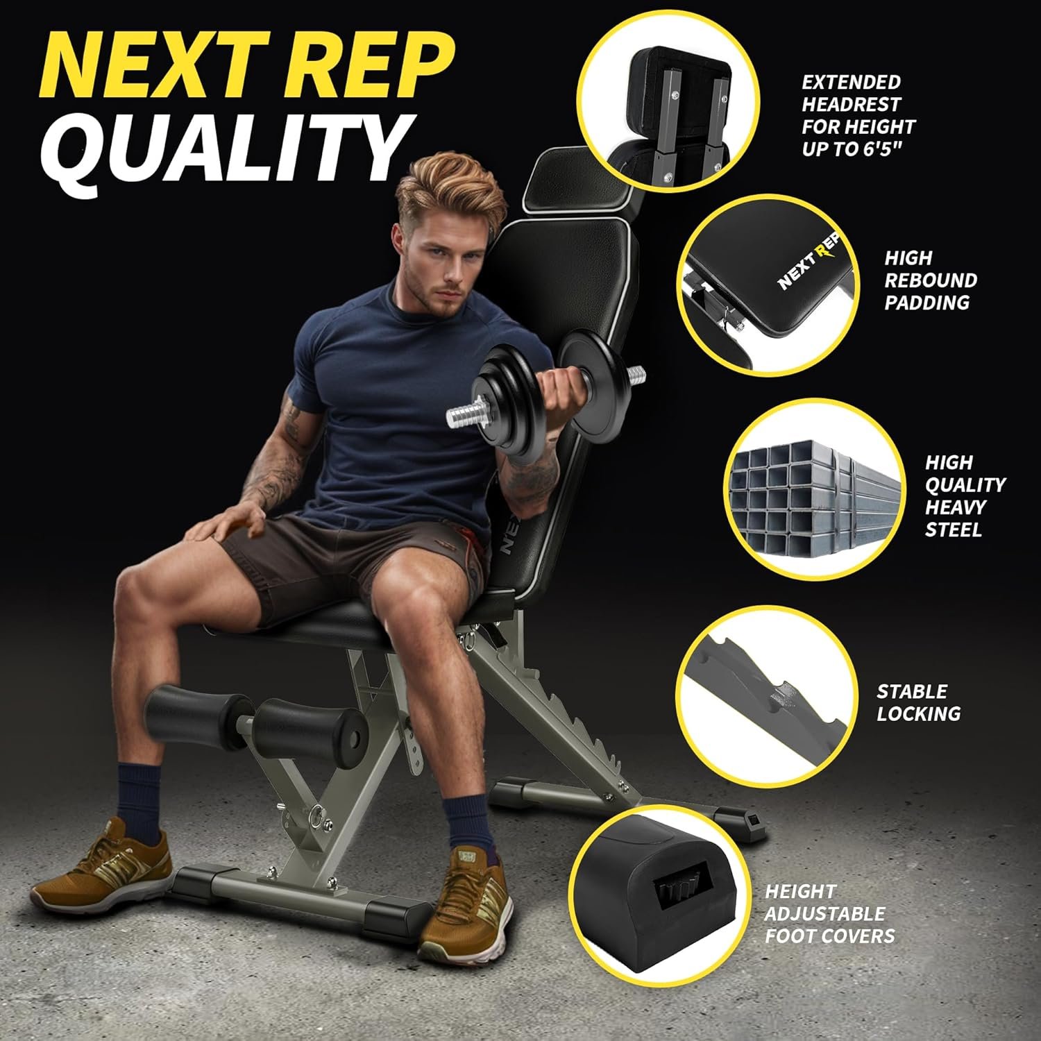 Adjustable Weight Bench,1000 LB Fast Folding Workout Bench for Home Gym Strength Training, Incline Decline Flat Utility Bench Press for Full Body Workout, Upright Storage Yellow Exercise Bench