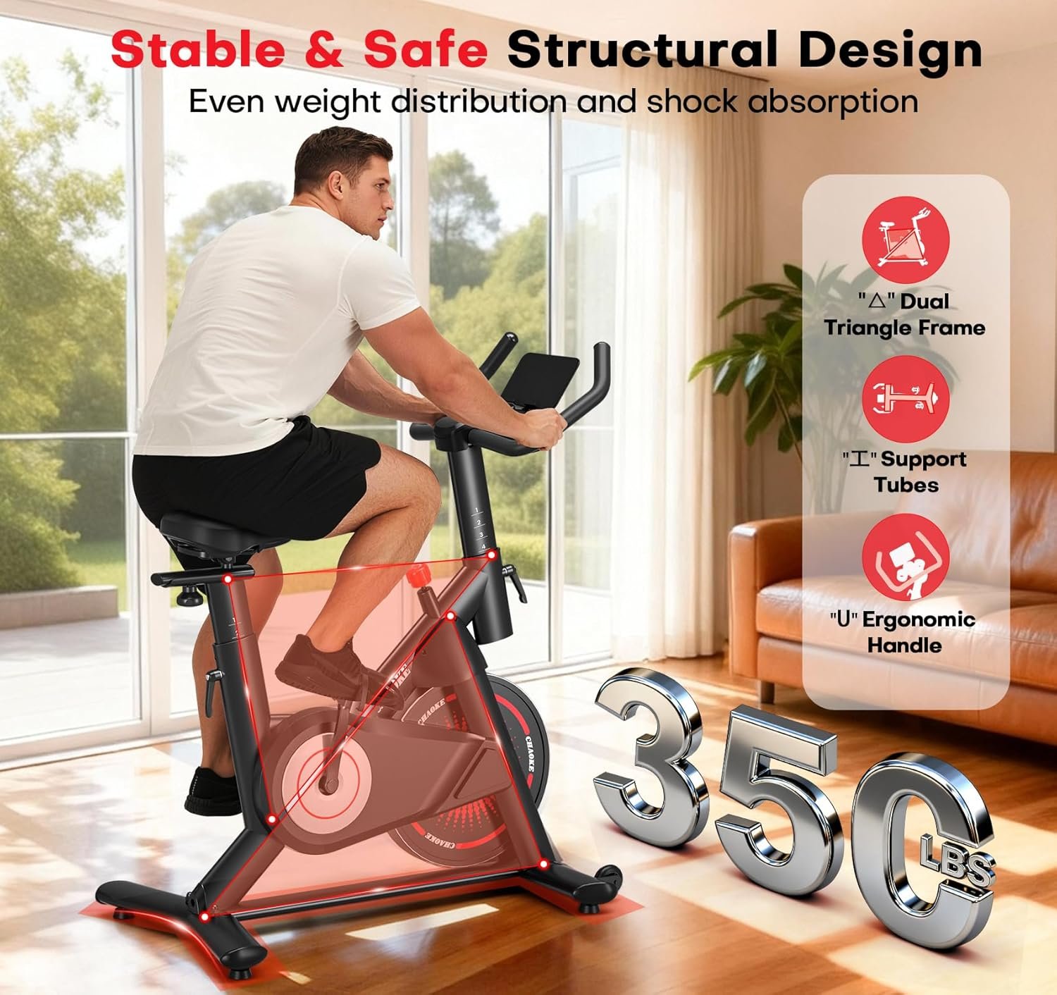 Exercise Bike, CHAOKE Quiet Adjustable Magnetic Resistance Stationary Bike for Home Cardio with App Compatible, 350LB Weight Capacity Indoor Cycling Bike with Comfortable Seat & Digital Display