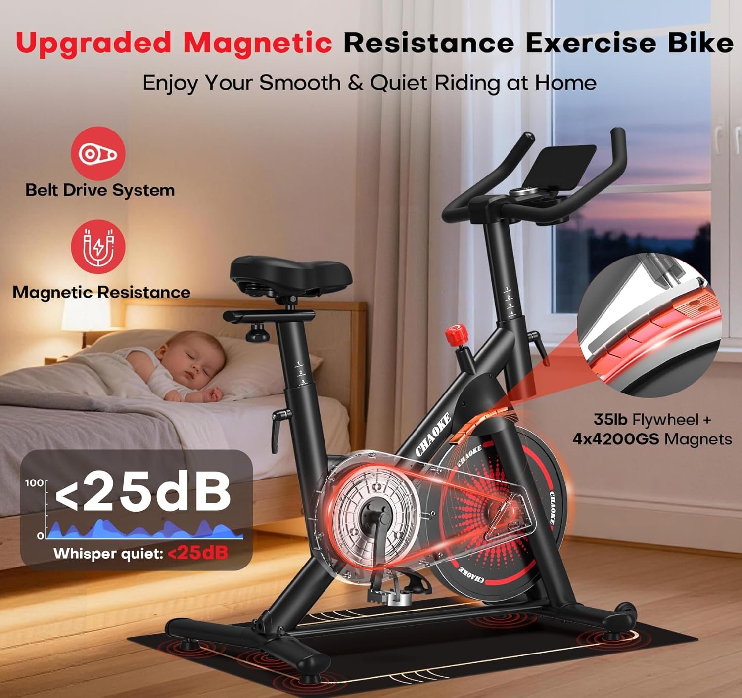 Exercise Bike, CHAOKE Quiet Adjustable Magnetic Resistance Stationary Bike for Home Cardio with App Compatible, 350LB Weight Capacity Indoor Cycling Bike with Comfortable Seat & Digital Display