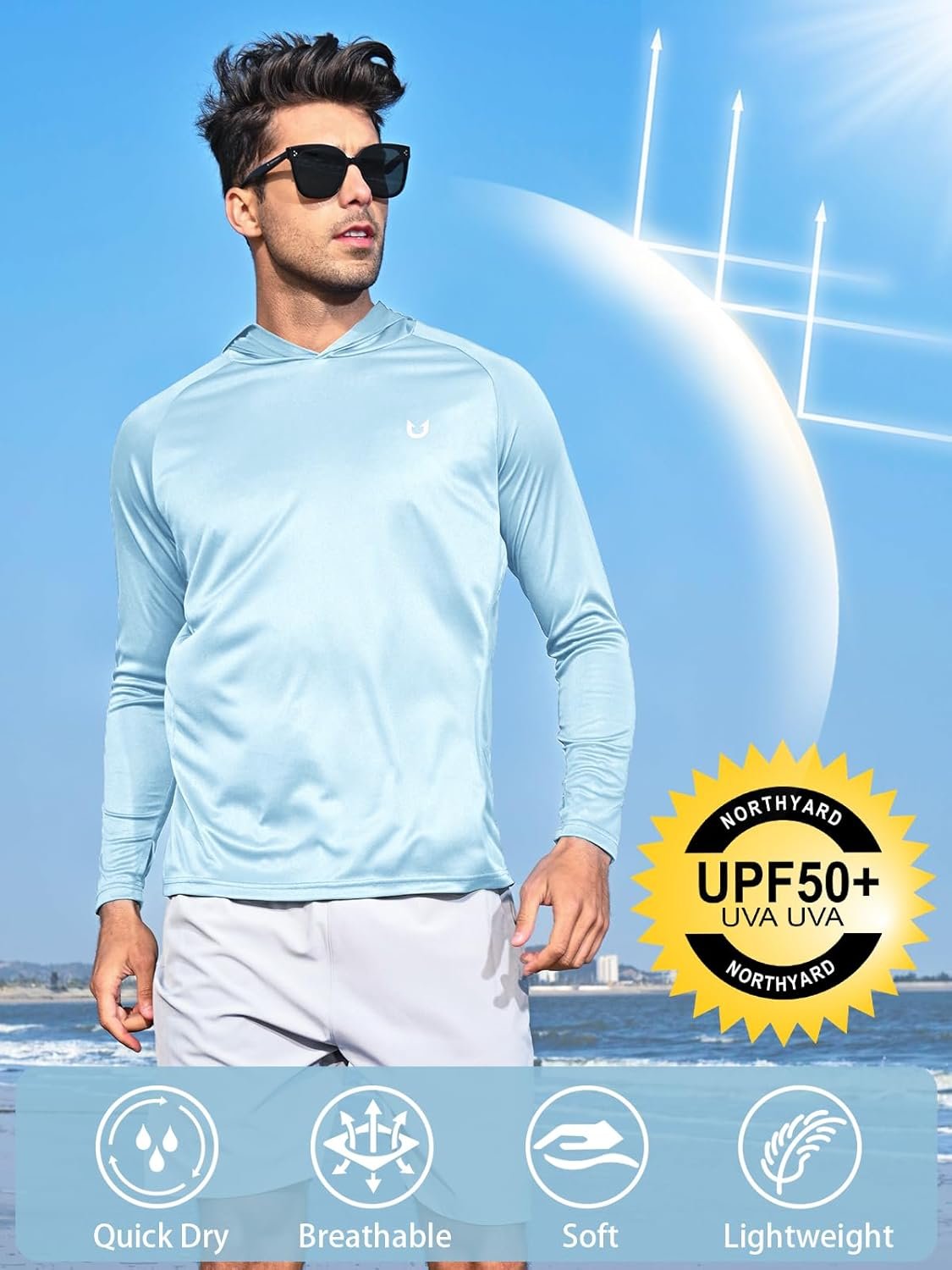 NORTHYARD Men's UPF 50+ Rash Guard Hoodie Long Sleeve Sun Protection Shirt Fishing Swim Beach Hiking Quick Dry Lightweight