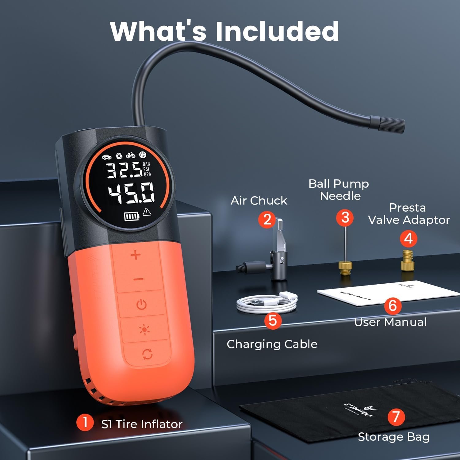 ETENWOLF S1 Tire Inflator Portable Air Compressor, 160PSI Air Pump for Car Tires, Bike, Motorcycle, Balls, Fast Inflation Tire Pump, Cordless bike Pump with LED Light & Digital Pressure Gauge (Orange)