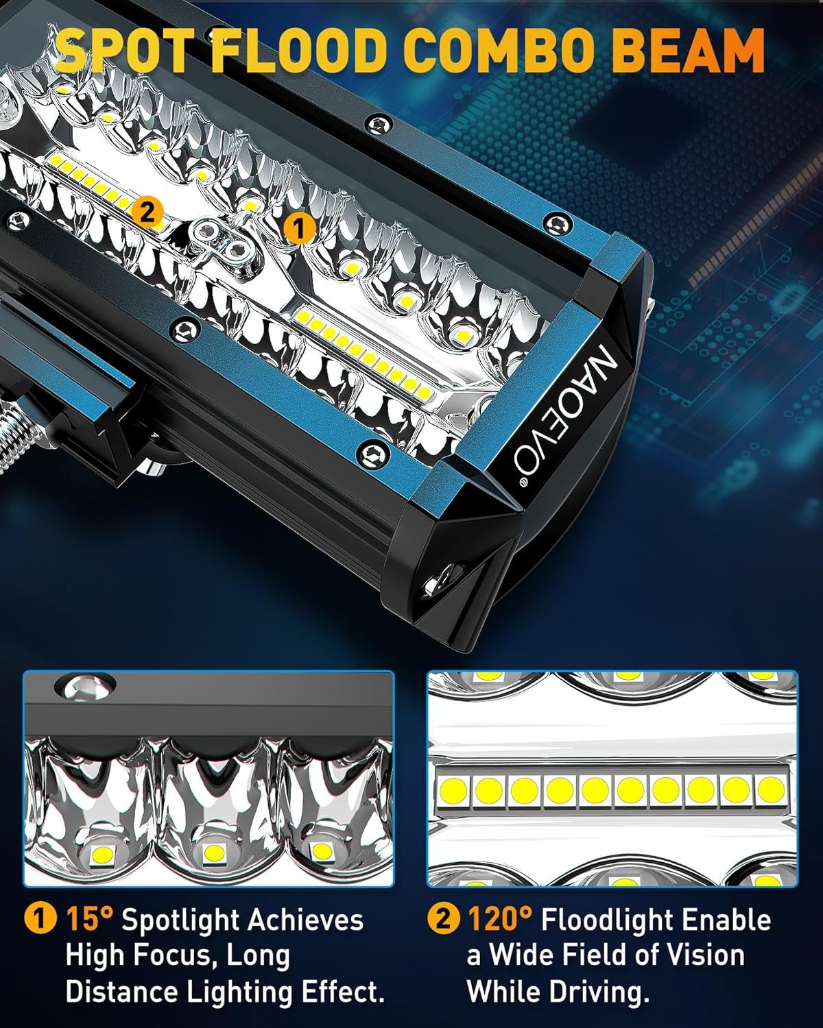 NAOEVO 7 Inch LED Light Bar, 720W 72,000LM Offroad Fog/Driving Lights LED Tractor Lights with Spot Flood Combo Beam, Waterproof LED Work Lights for Truck Boat ATV UTV, 6 Pcs (White)