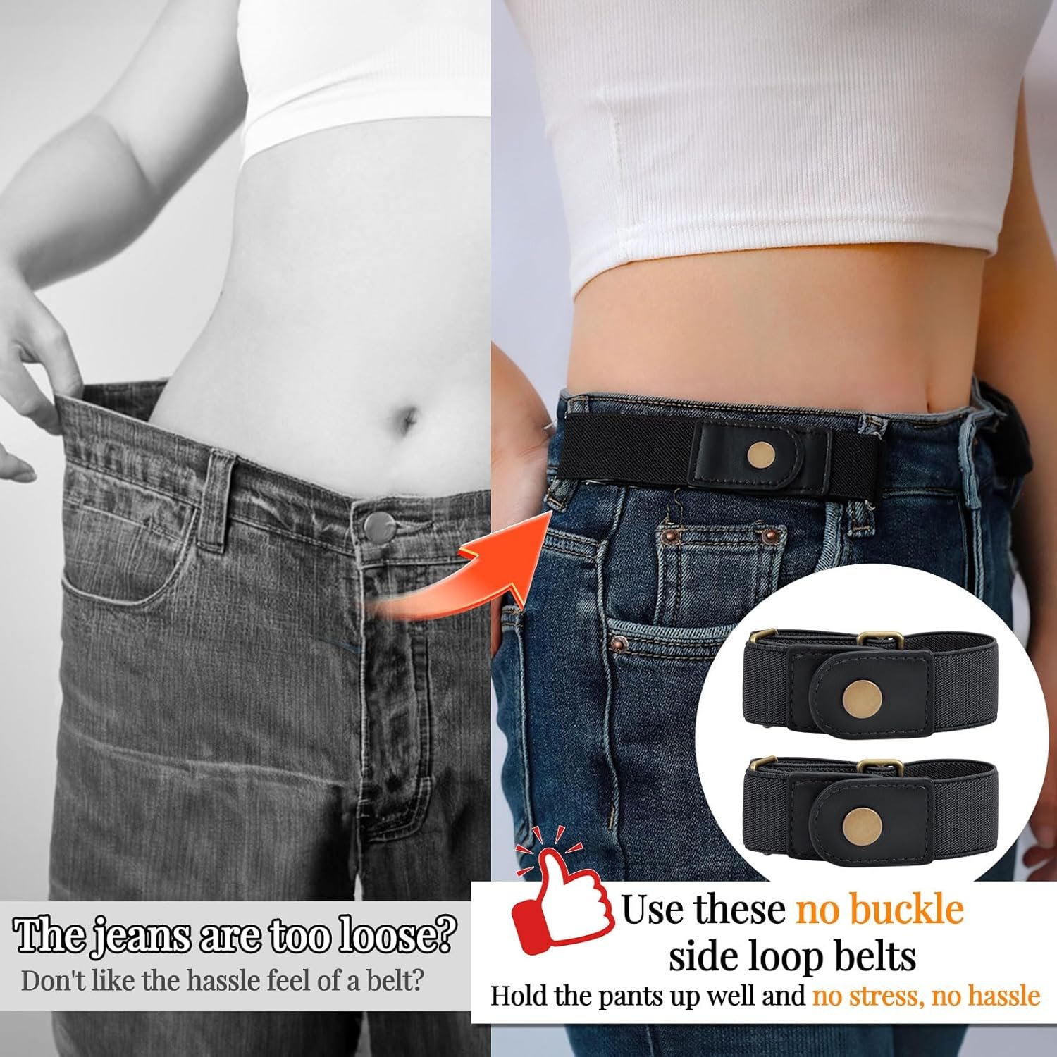 LEACOOLKEY No Buckle Stretch Belt for Women/Men—2 Pack Elastic Invisible Belt for Jeans