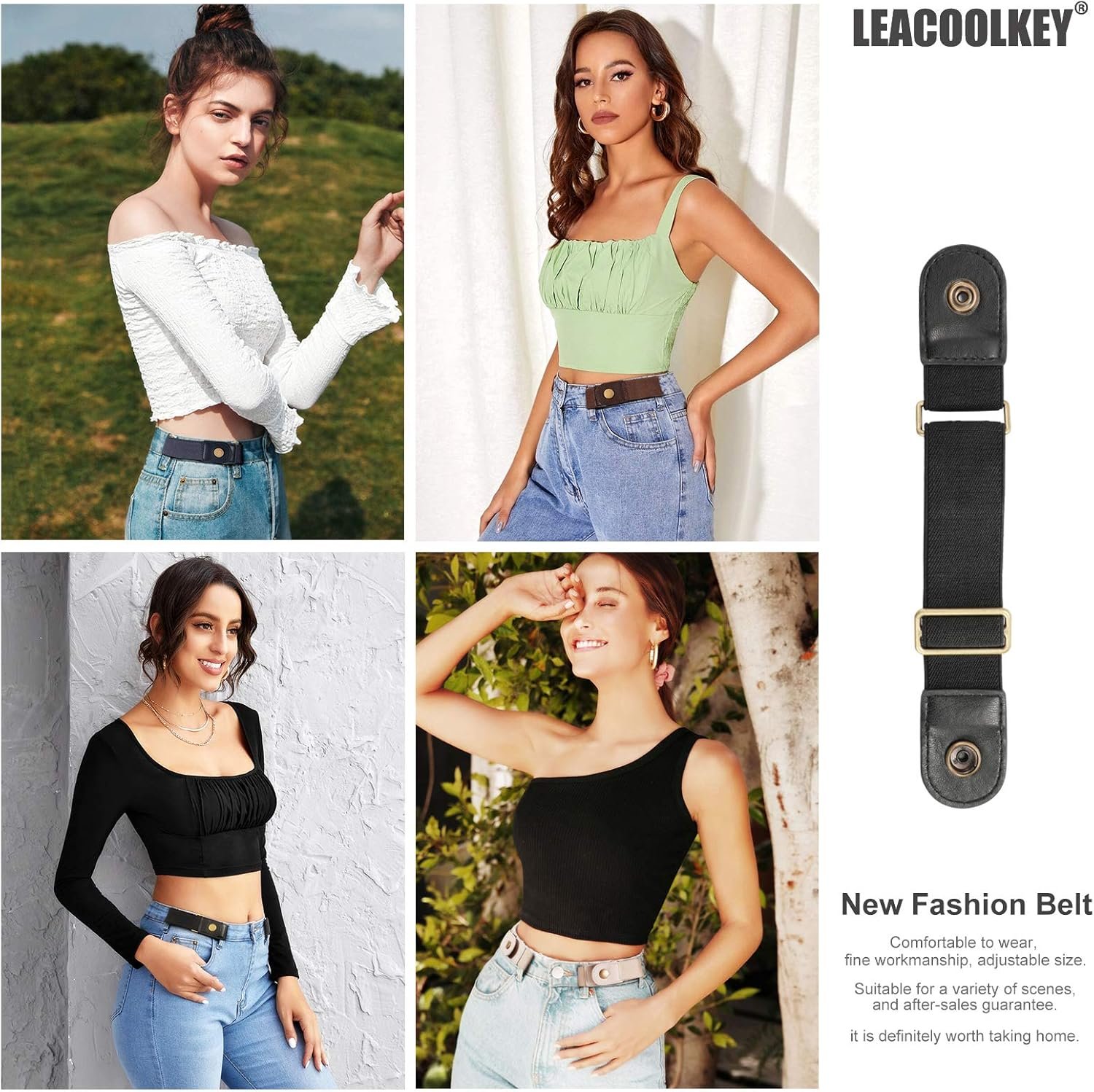 LEACOOLKEY No Buckle Stretch Belt for Women/Men—2 Pack Elastic Invisible Belt for Jeans