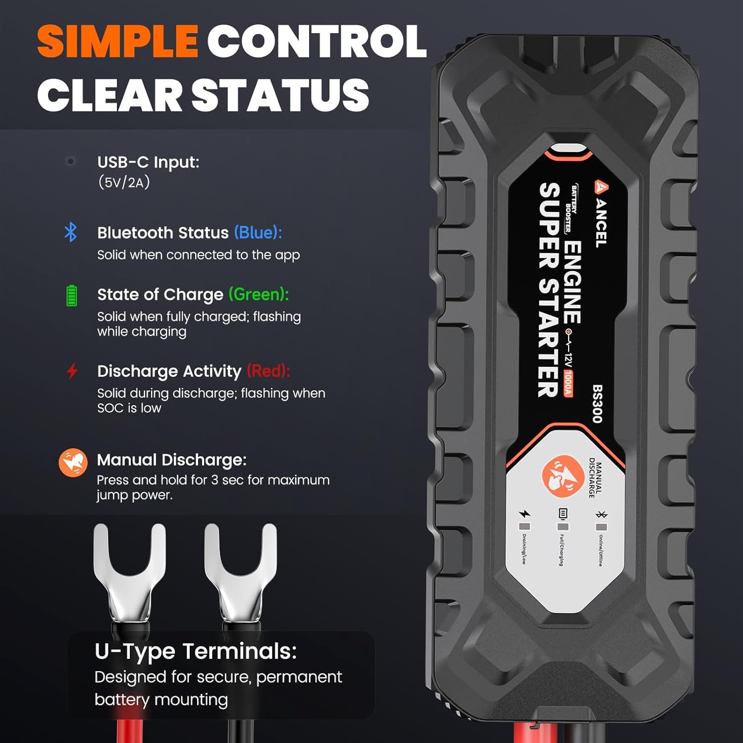 ANCEL BS300 Super Starter, Permanently Connected Jump Starter with Super Capacitor & Battery Protection System, Health Monitoring, 1000A Start Assist for Most 12V Vehicles, -40°F~176°F
