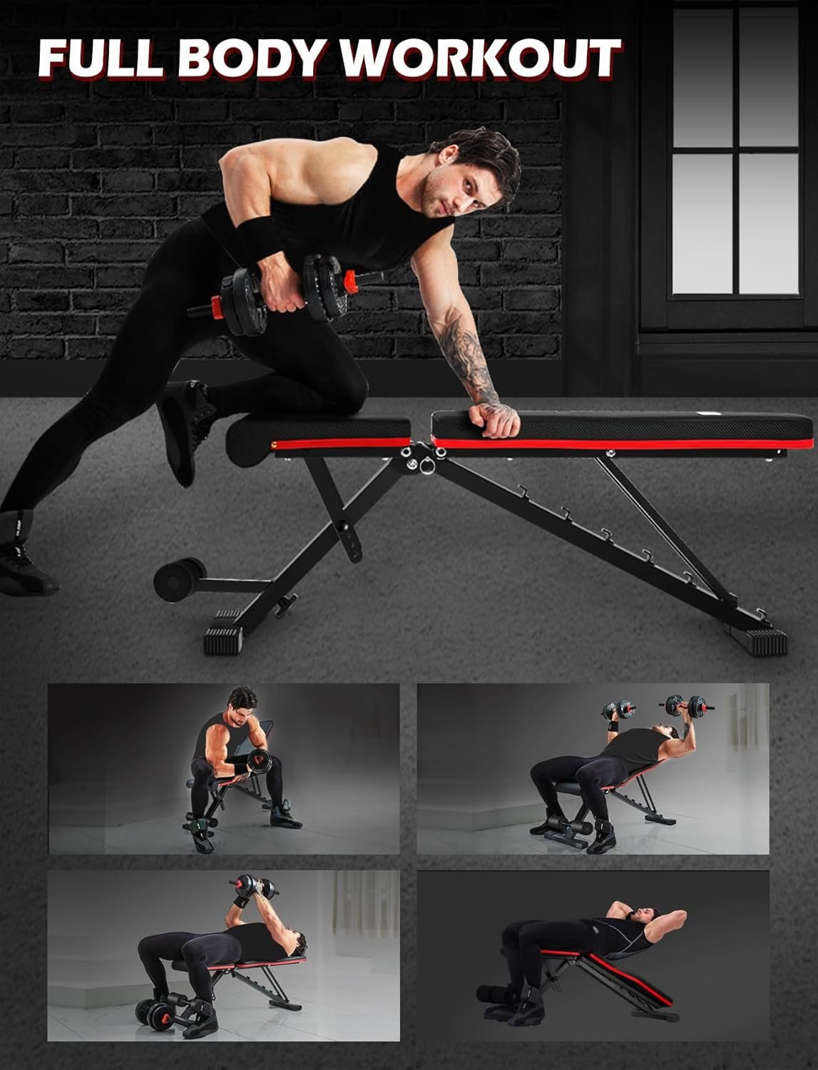 LINODI Adjustable Weight Bench for Home Gym，Foldable Incline Decline Flat Workout Bench for Full Body Strength Training, Dumbbell Press & Ab Exercises