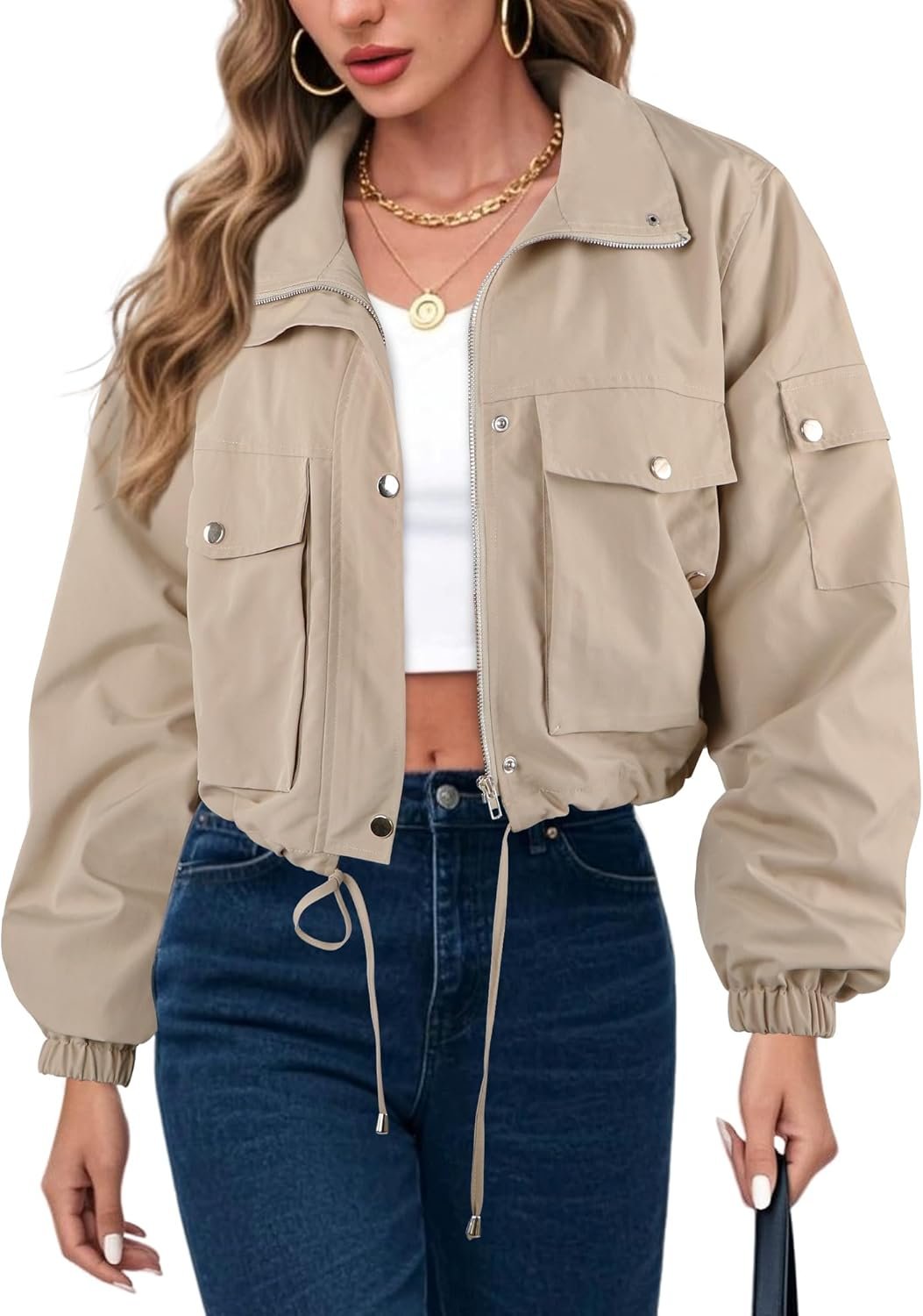 UEAL Womens Cropped Bomber Jacket 2026 Trendy Zip Up Lightweight Utility Anorak Coat With Pockets