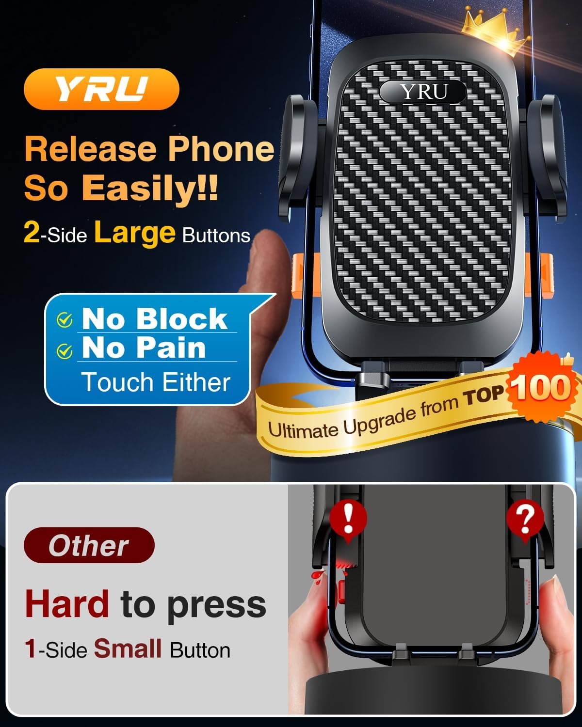 YRU True Military-Grade [360° Rotation Suction] 2026 Ultimate Car Phone Holder Mount【90+LBS Safest Strongest & Patent Certs】 Dash Windshield Vent for iPhone 17 16 Pro Max with Dash Accent,Gloss Black