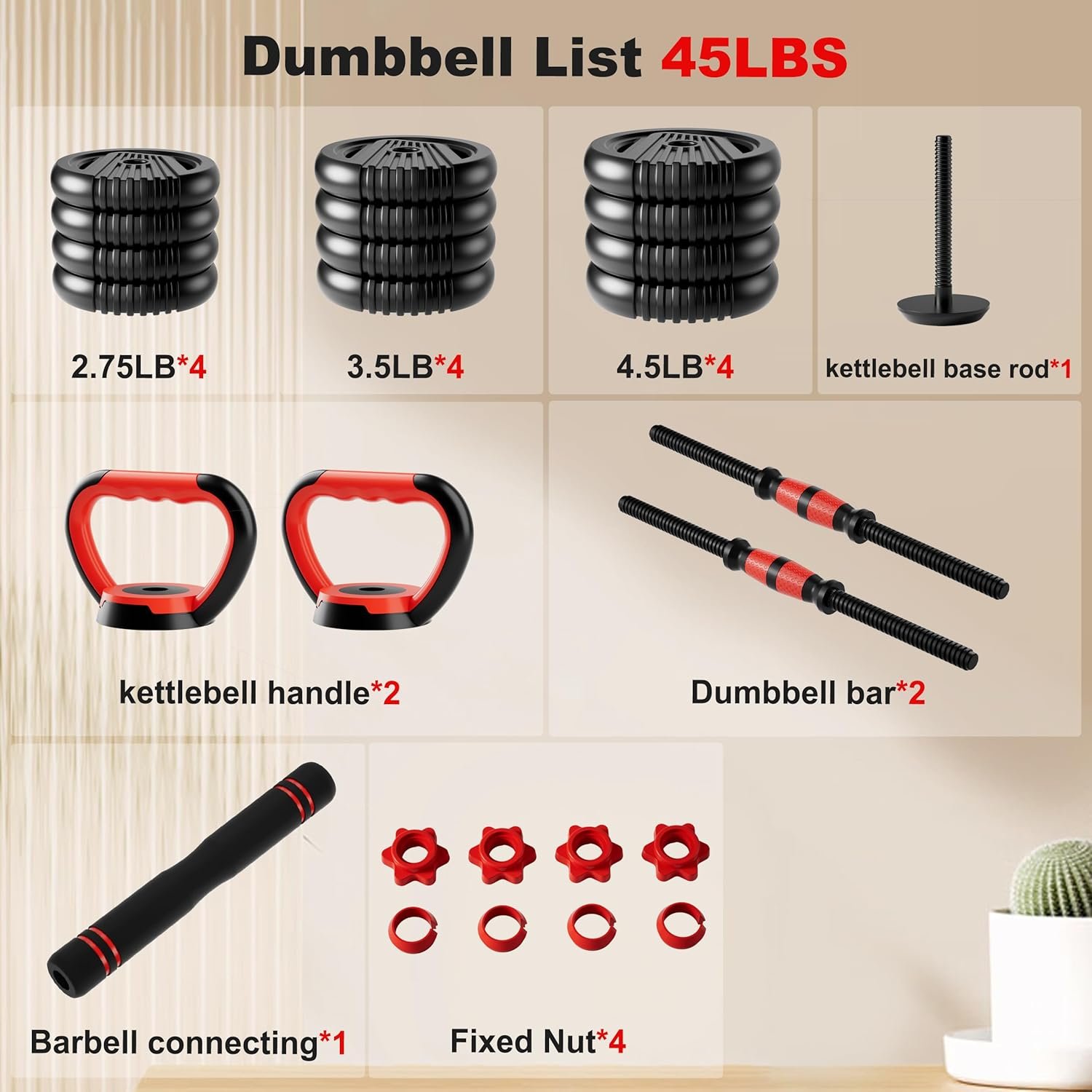 Adjustable Dumbbell Set, 10/20/30/45/70/90lbs Free Weight Set with Connector, 5 in1 Dumbbells Set Used as Barbell, Kettlebells, Push up Stand,Weight Plate, Fitness Exercises for Home Gym Suitable Men/Women