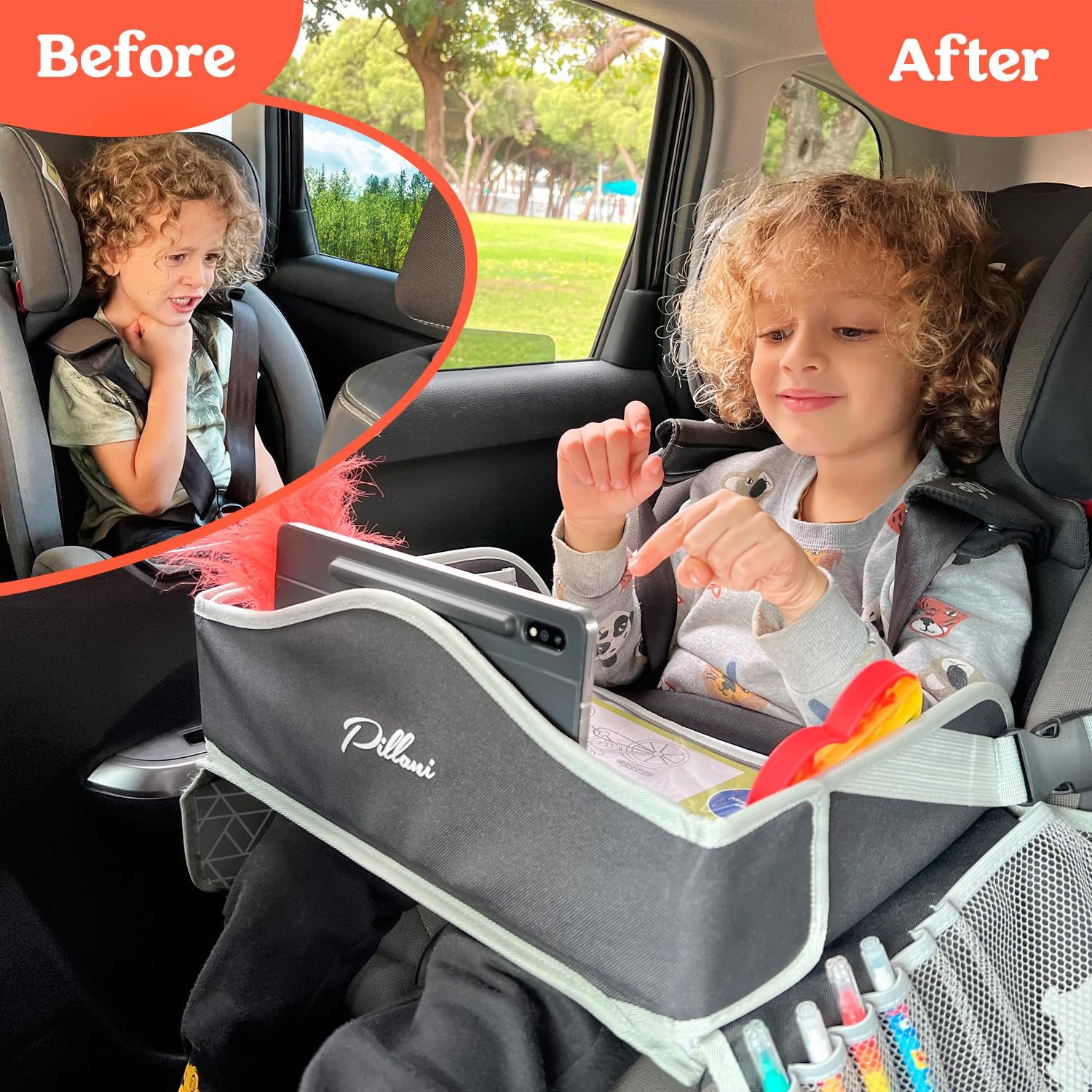 PILLANI Kids Travel Tray for Car - Car Seat Tray with Activity Sheets & Pens, Road Trip Essentials for Car & Airplane, Must Have Toddler Travel Lap Desk Accessories - Road Trip Activities for Kids