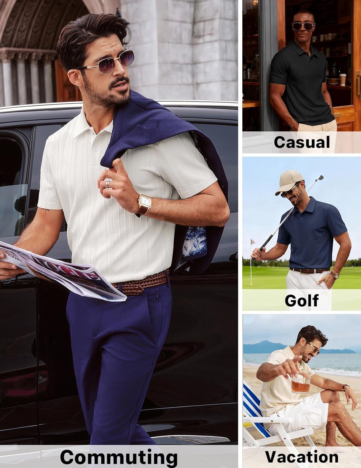 PJ PAUL JONES Mens Polo Shirts Short Sleeve Casual Dress Shirts Textured Knit Polo Collared Golf Shirts Fashion Tops