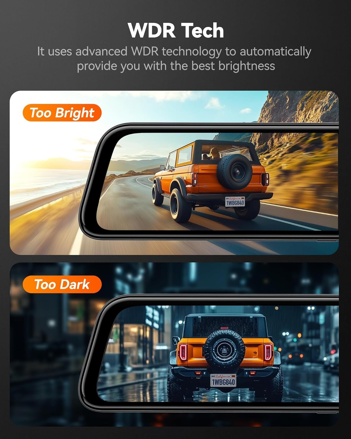 WOLFBOX G840S 12" 4K Mirror Dash Cam Backup Camera, 5.8GHz WiFi Smart Rearview Mirror for Cars & Trucks, Front and Rear View Dual Cameras, Night Vision, Parking Assistance, Included 32GB Card & GPS