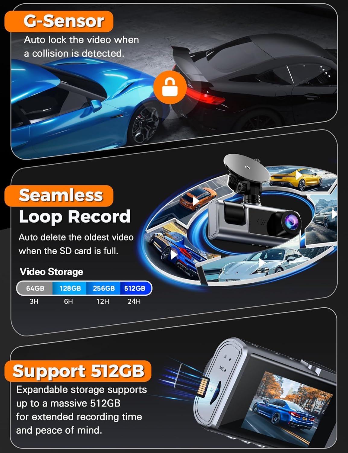 Galphi 3 Channel WiFi Dash Cam Front and Rear Inside, 2.5K+1080P+1080P Car Dash Camera for Cars Front and Rear, Dashcam with G-Sensor, Loop Recording, 24H Parking Mode, SD Card NOT Included