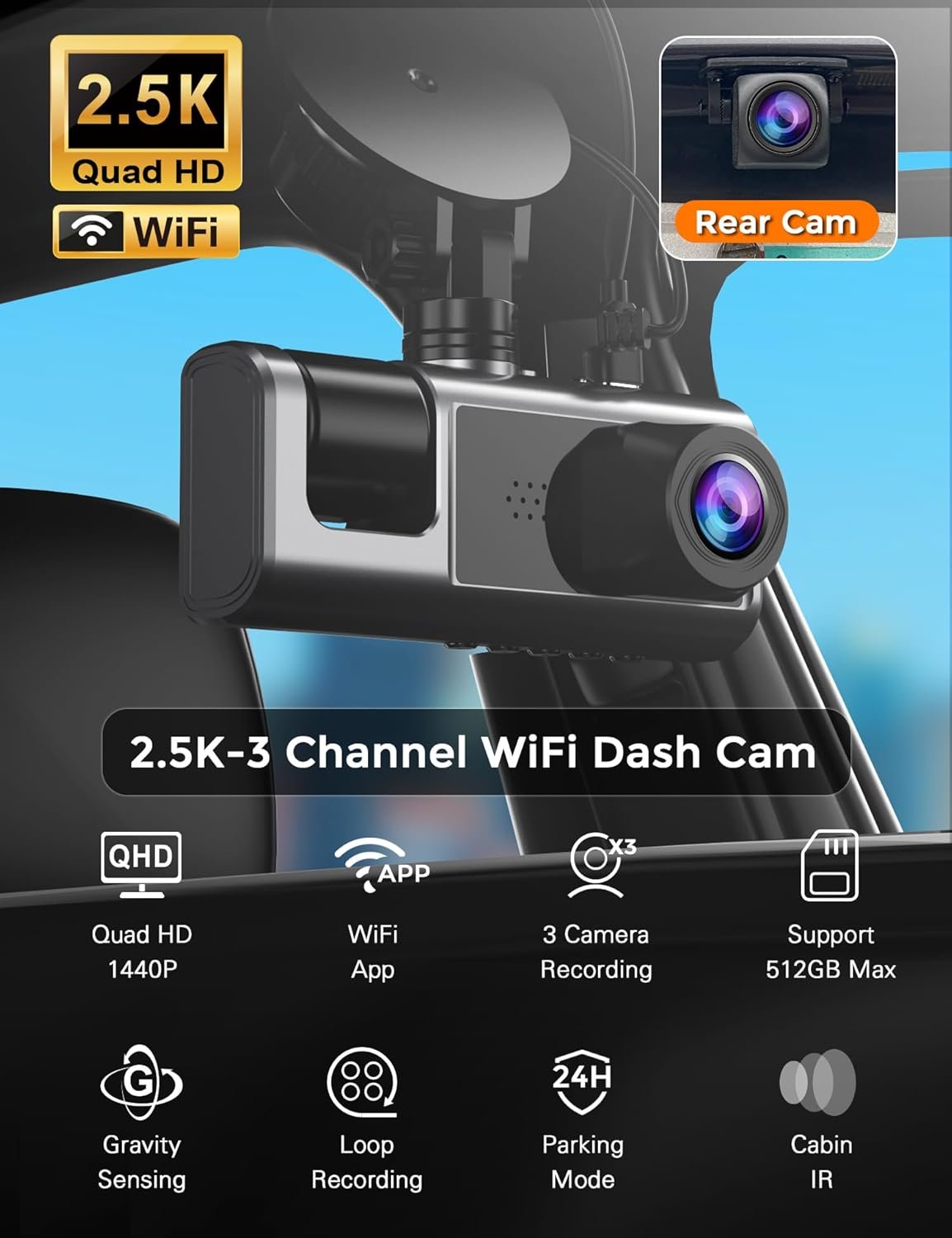 Galphi 3 Channel WiFi Dash Cam Front and Rear Inside, 2.5K+1080P+1080P Car Dash Camera for Cars Front and Rear, Dashcam with G-Sensor, Loop Recording, 24H Parking Mode, SD Card NOT Included