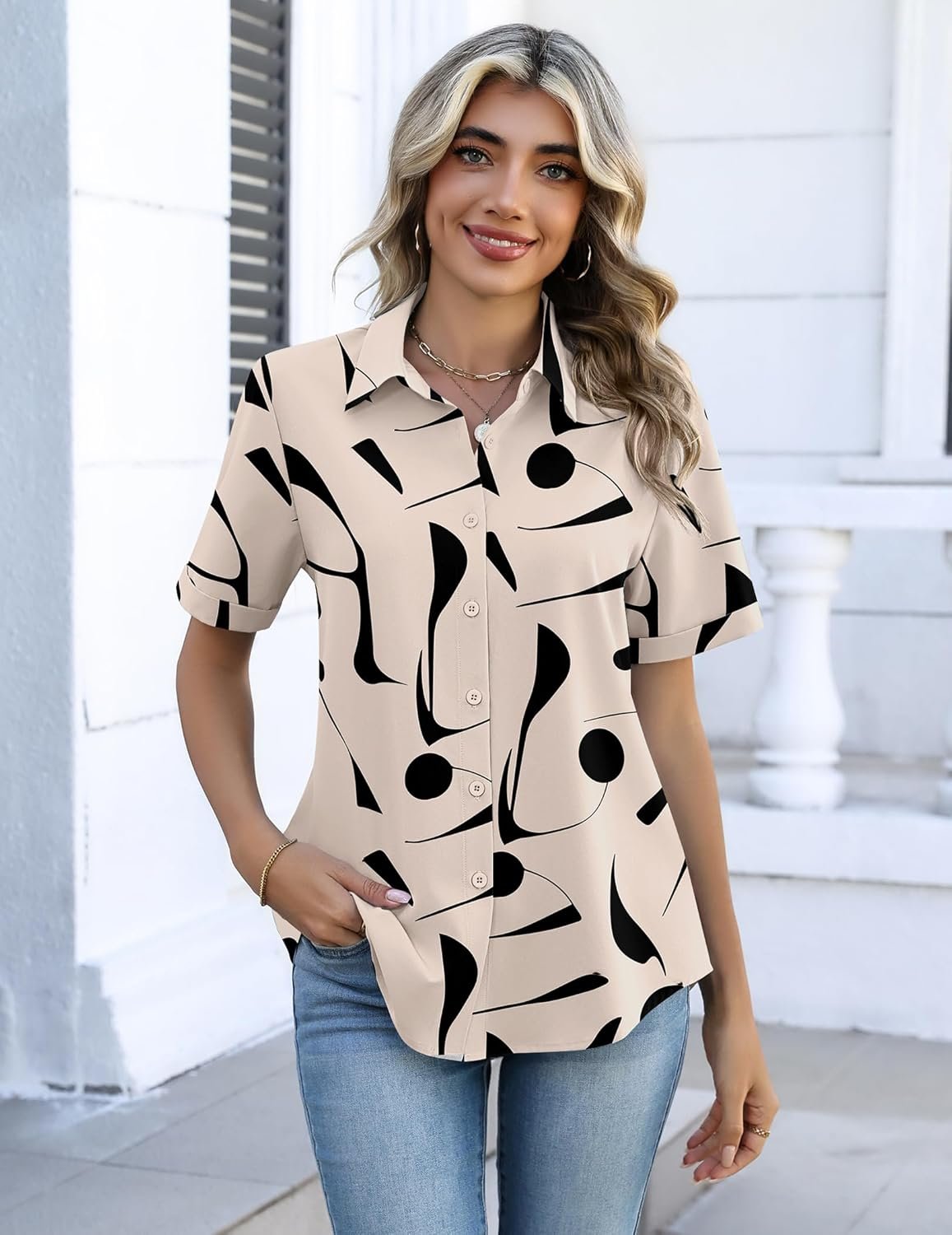 Zeagoo Button Down Shirts for Women Short Sleeve Collared Tops Dressy Casual V Neck Blouses