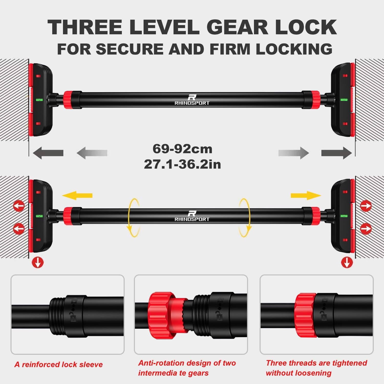RHINOSPORT Door Pull Up Bar Doorway No-Screw from 69-92 cm (27.1in-36.2in) Workout Equipment for Home Gym Upper Body Workout Non-slip 2x EXTRA Foam Padding for Ultimate Door Frame Protection
