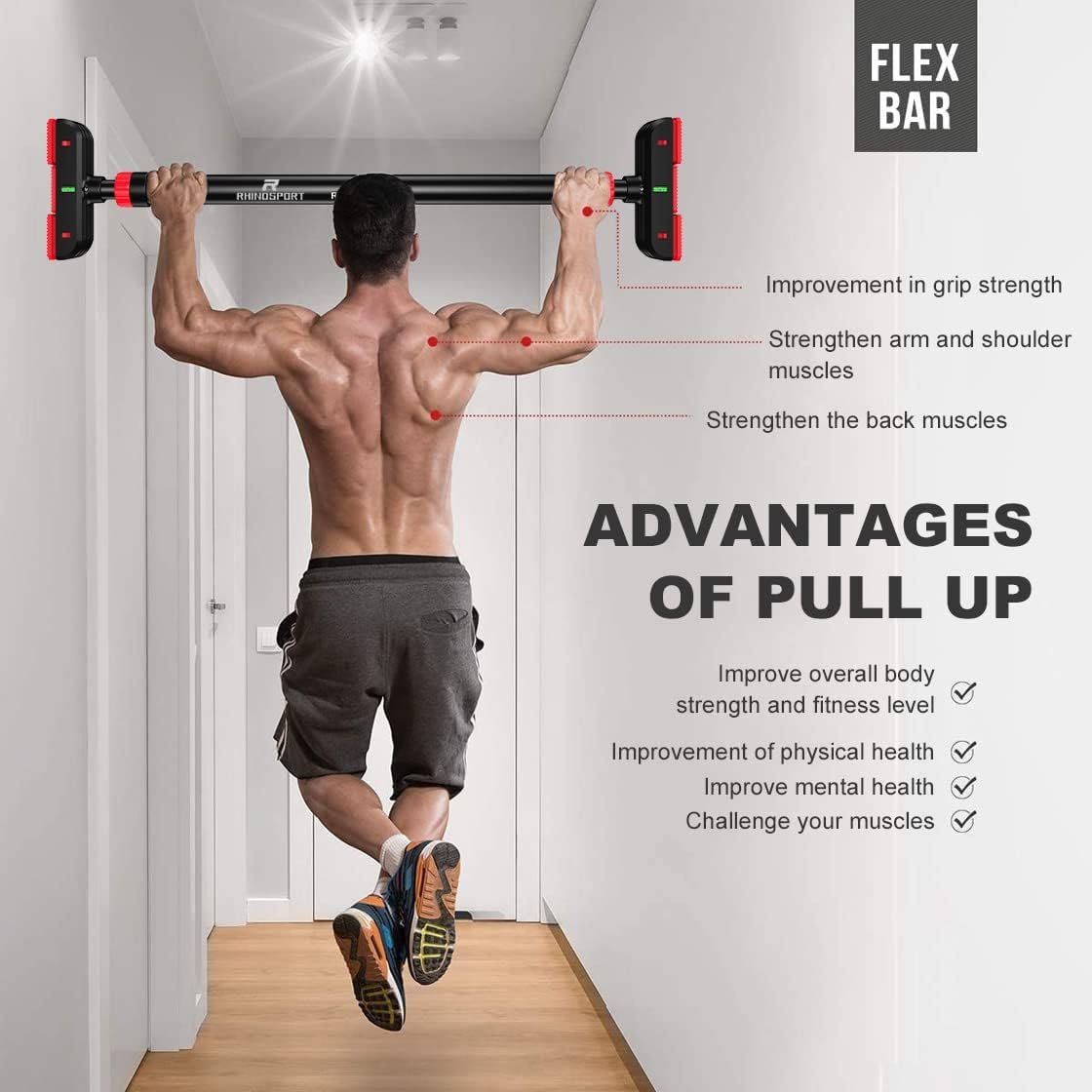 RHINOSPORT Door Pull Up Bar Doorway No-Screw from 69-92 cm (27.1in-36.2in) Workout Equipment for Home Gym Upper Body Workout Non-slip 2x EXTRA Foam Padding for Ultimate Door Frame Protection