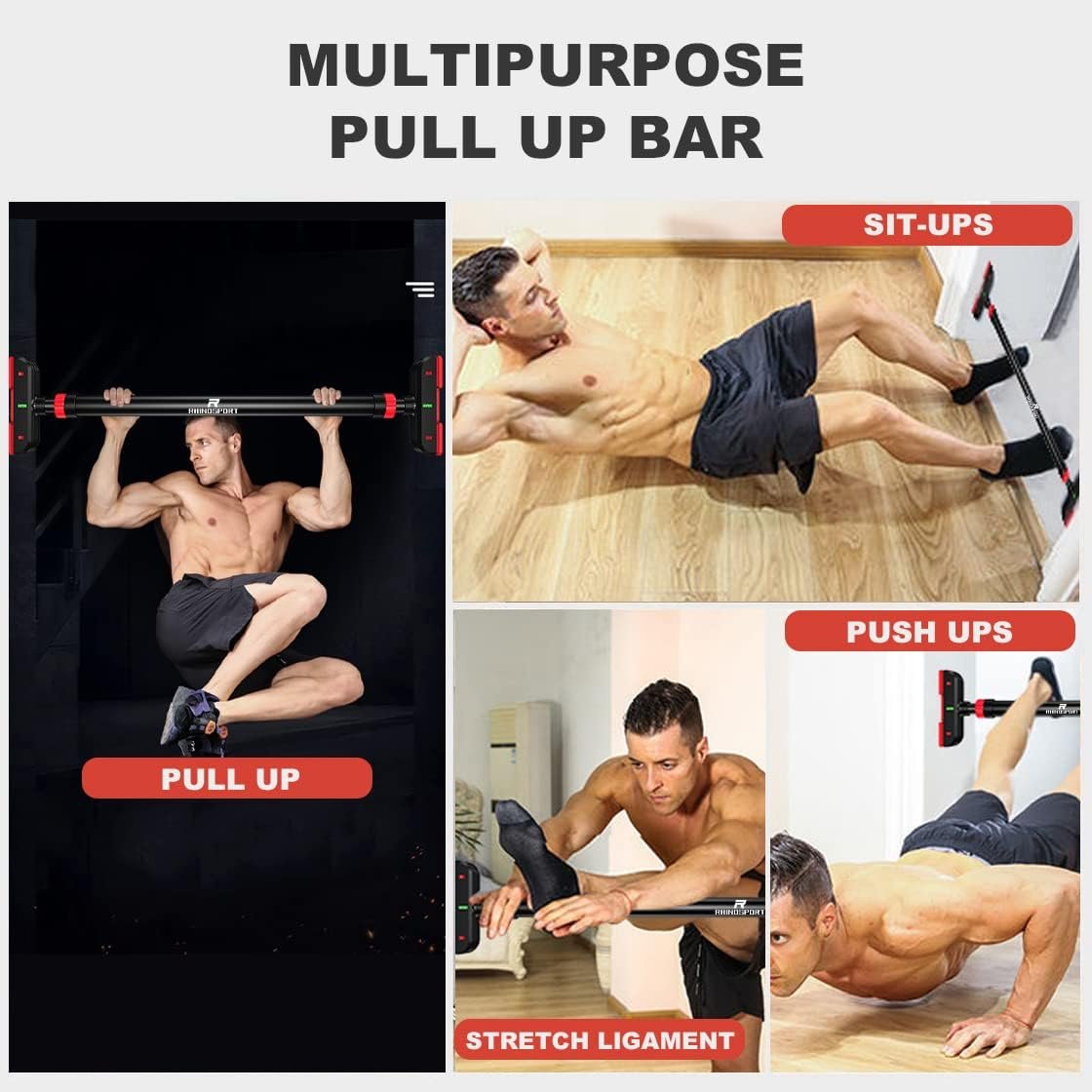 RHINOSPORT Door Pull Up Bar Doorway No-Screw from 69-92 cm (27.1in-36.2in) Workout Equipment for Home Gym Upper Body Workout Non-slip 2x EXTRA Foam Padding for Ultimate Door Frame Protection