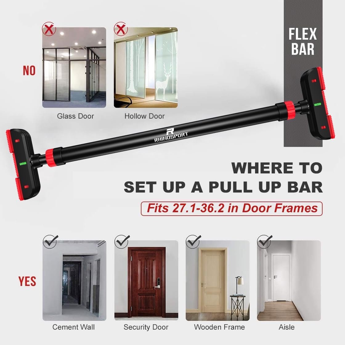 RHINOSPORT Door Pull Up Bar Doorway No-Screw from 69-92 cm (27.1in-36.2in) Workout Equipment for Home Gym Upper Body Workout Non-slip 2x EXTRA Foam Padding for Ultimate Door Frame Protection