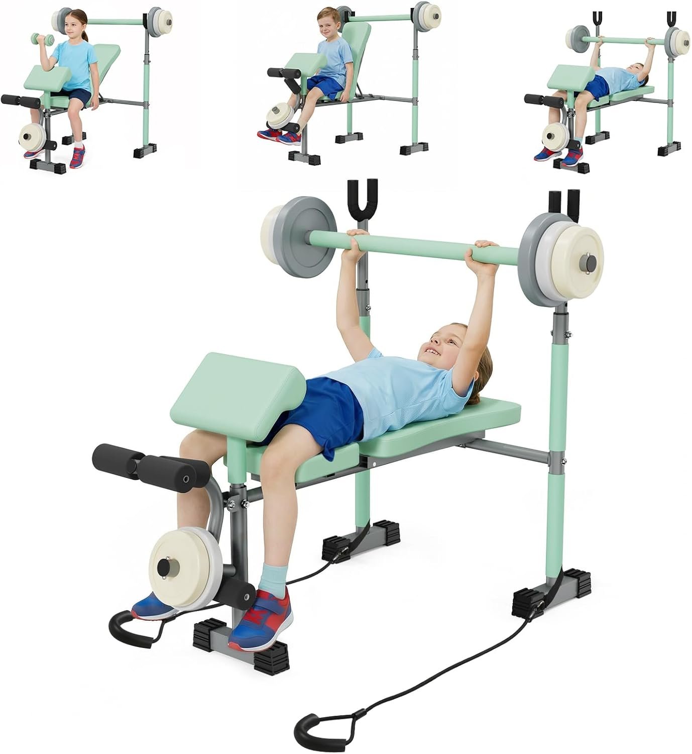 Kids Workout Equipment, Adjustable Kids Workout Bench with Preacher Pad & Leg Developer, Fillable Weight Plates for Home Gym Fitness & Exercise