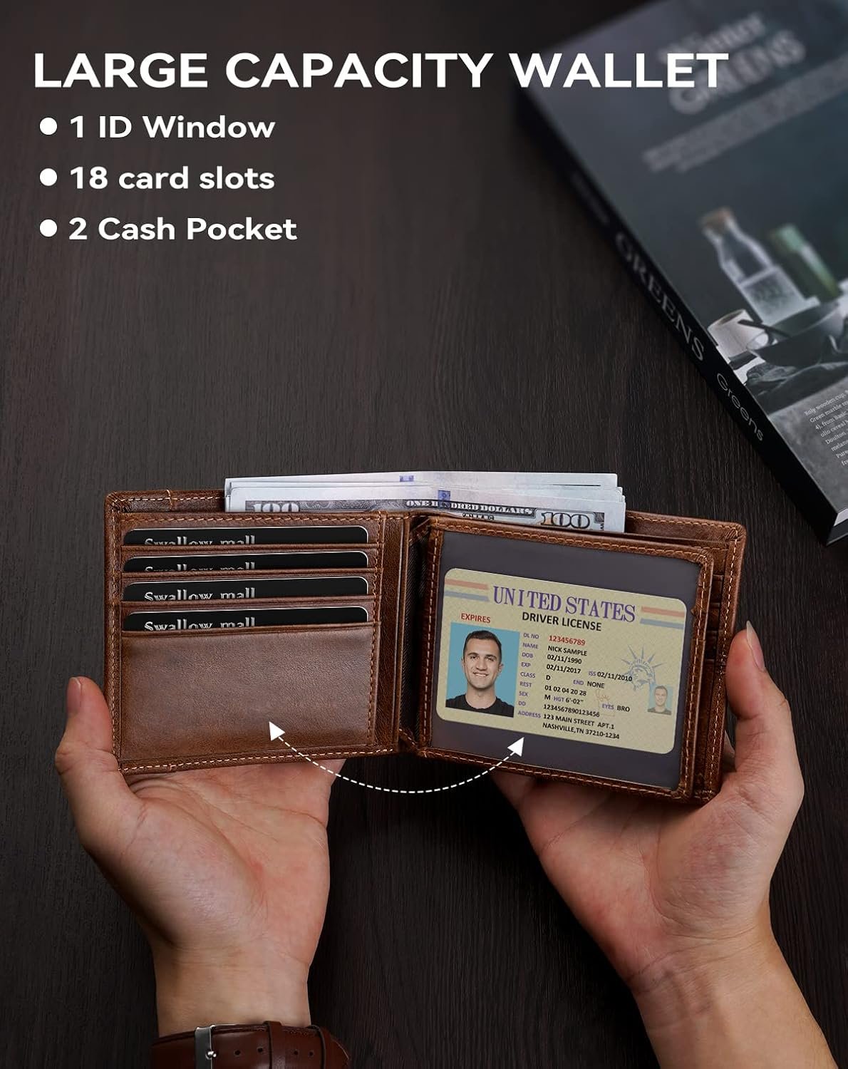 Swallowmall Mens Wallet Rfid Blocking Leather Wallet for Men Bifold Wallets with 1 ID Window 16 Card Slot