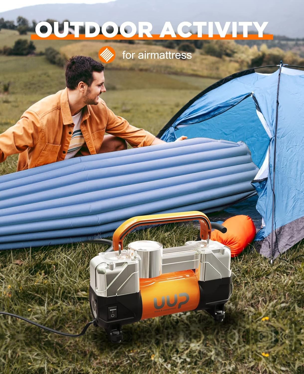 UUP Tire Inflator Air Compressor, 150PSI 12V DC Double Cylinders Heavy Duty Portable Air Pump w/Emergency LED Light for Truck, SUV, Car, RV