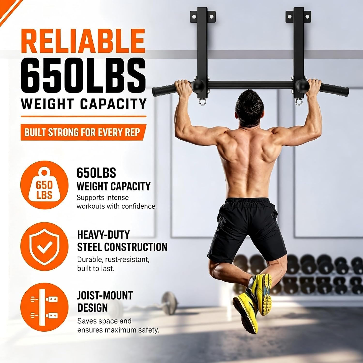 Joist Mounted Pull Up Bar, 650lbs Heavy Duty Strength Training Pullup Bars, Multi-Grip Chin Up Bar for Home Gym, Garage & Basement Ceiling Beam Installation