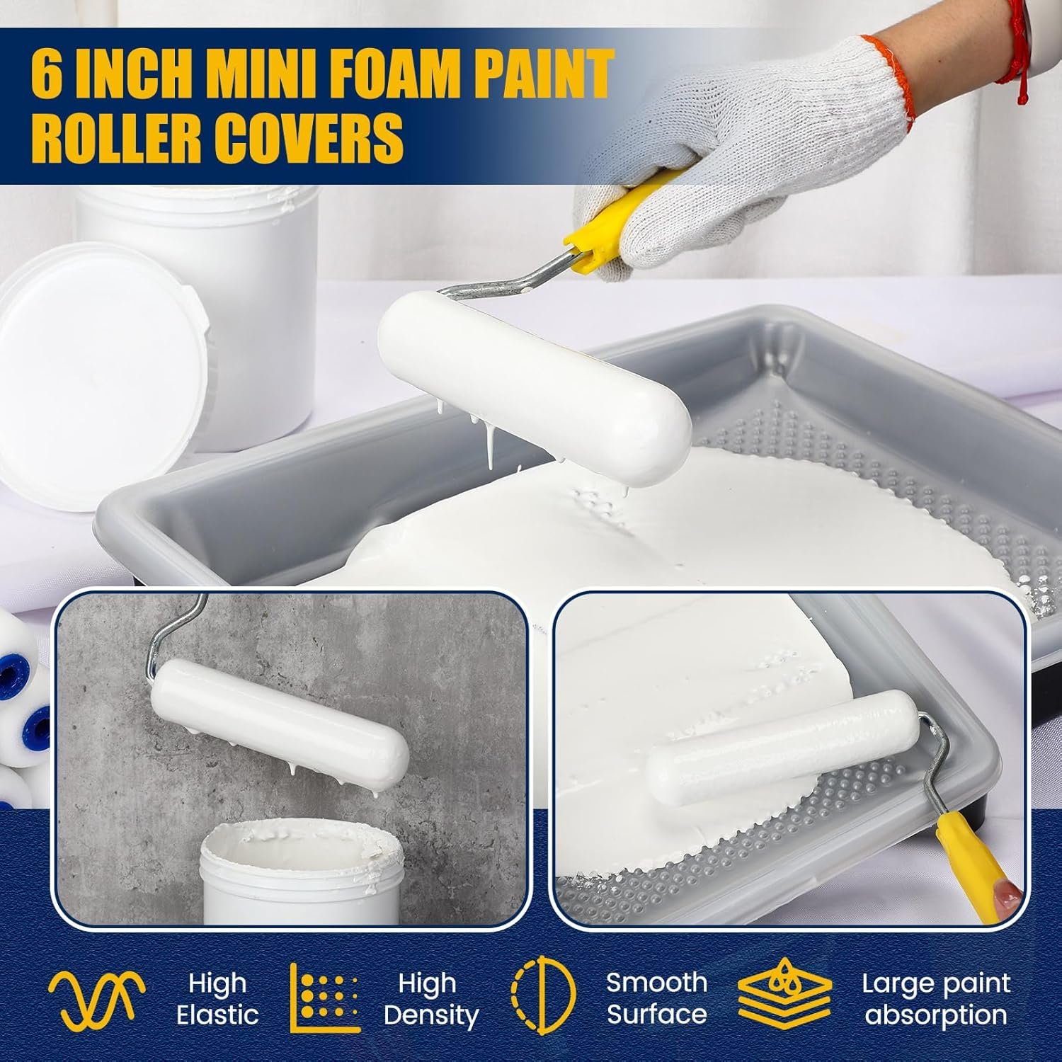 Leumoi 80 Pack Foam Paint Roller 6 Inch Small Paint Roller Covers High Density Foam Roller Sponge Rollers for Painting Doors Wall Cabinet Cupboards Ceilings Brings Smooth Finishes Flat Surfaces