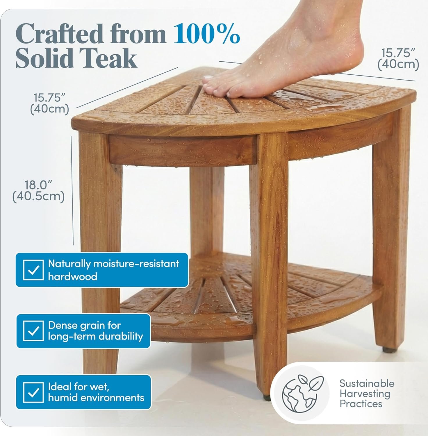 AquaTeak The Original 15.5" Kai Corner Teak Shower Bench - Shower Stool with Storage Shelf for Bathroom - Durable Water Resistant Shower Chair - Shaving Foot Rest - Indoor & Outdoor Use