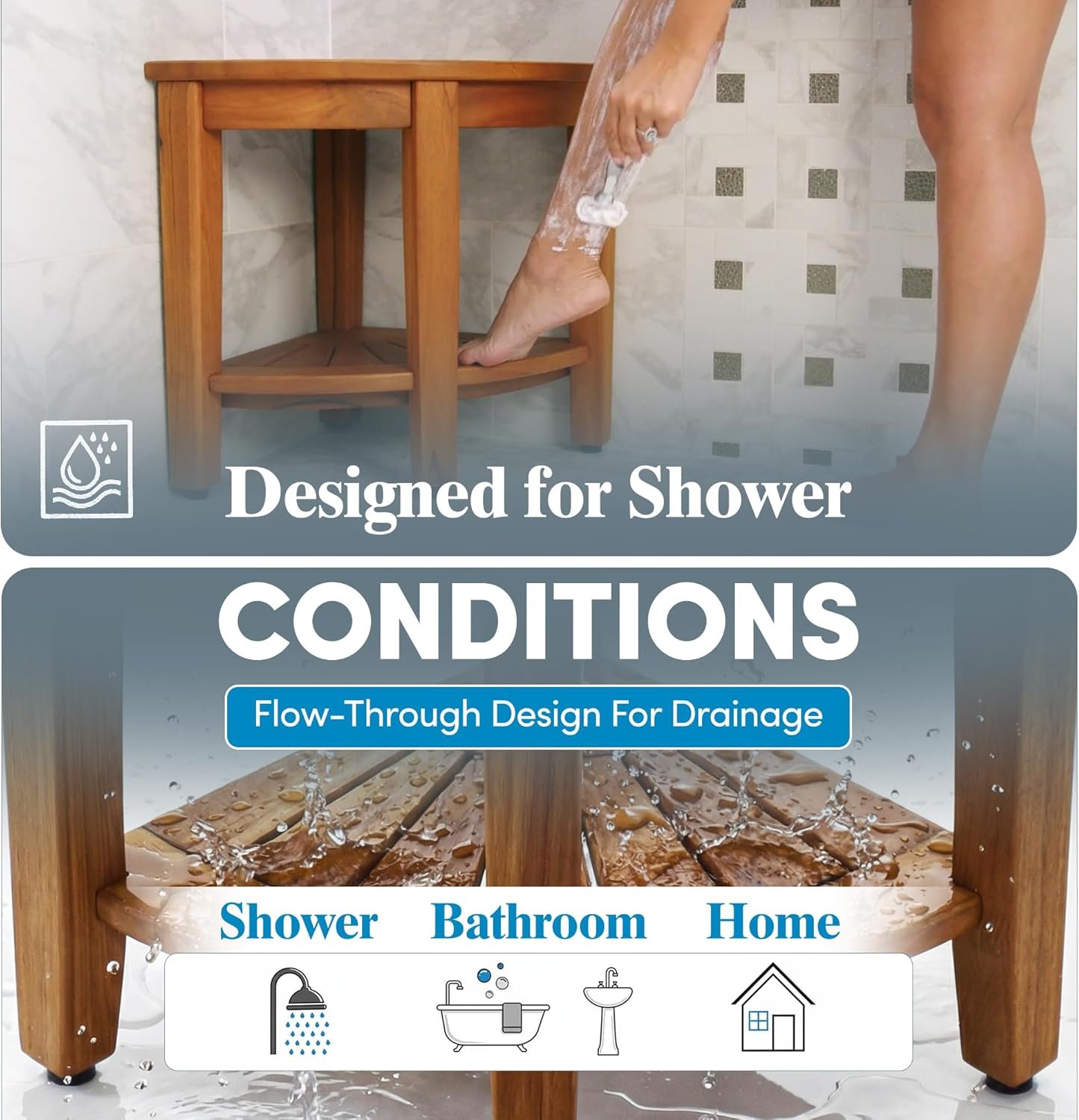 AquaTeak The Original 15.5" Kai Corner Teak Shower Bench - Shower Stool with Storage Shelf for Bathroom - Durable Water Resistant Shower Chair - Shaving Foot Rest - Indoor & Outdoor Use