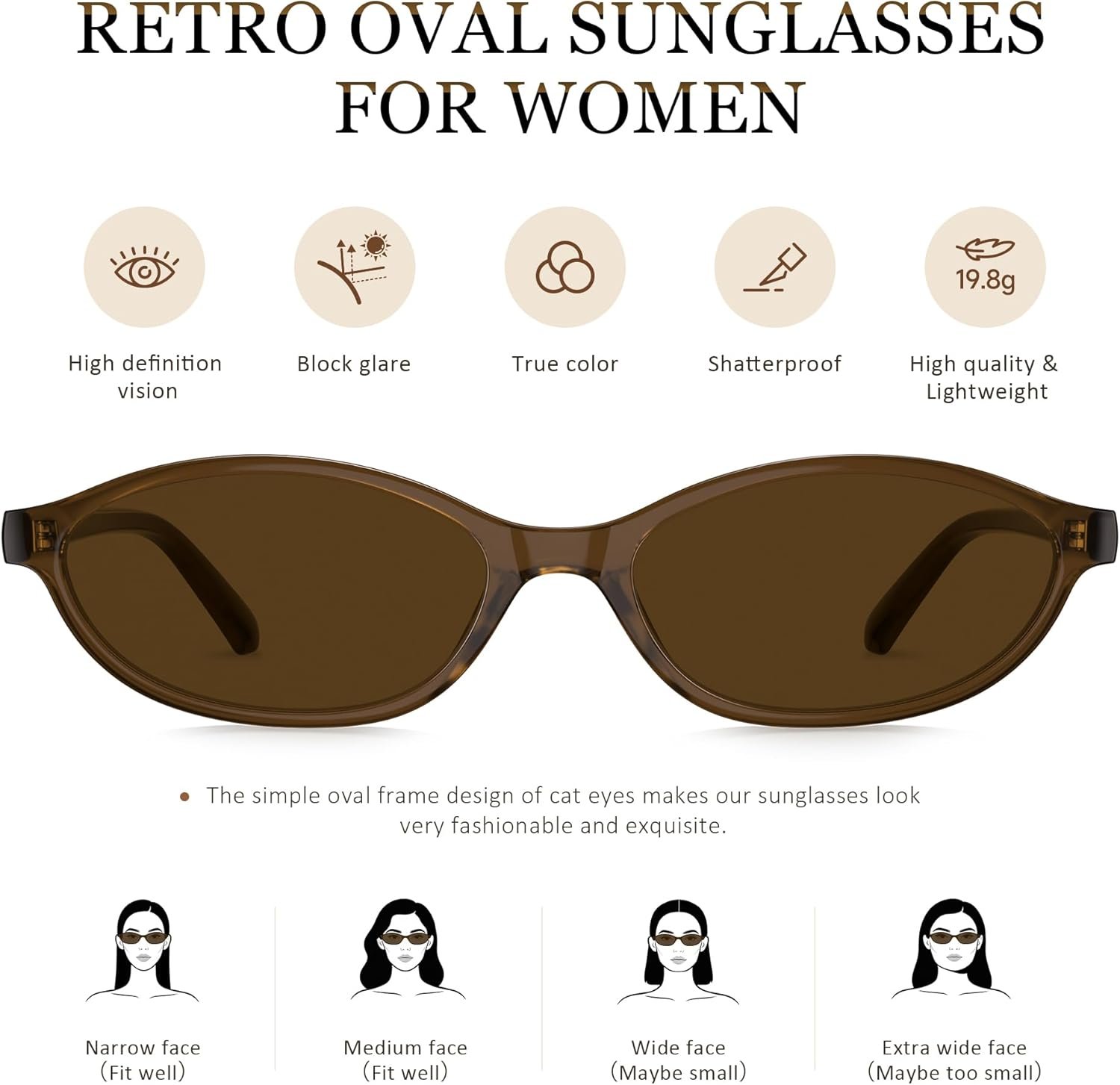 Sunglasses Womens Retro Oval Sunglasses for Women - Cat Eye 90s Glasses Y2K UV400 Lightweight Narrow Shades