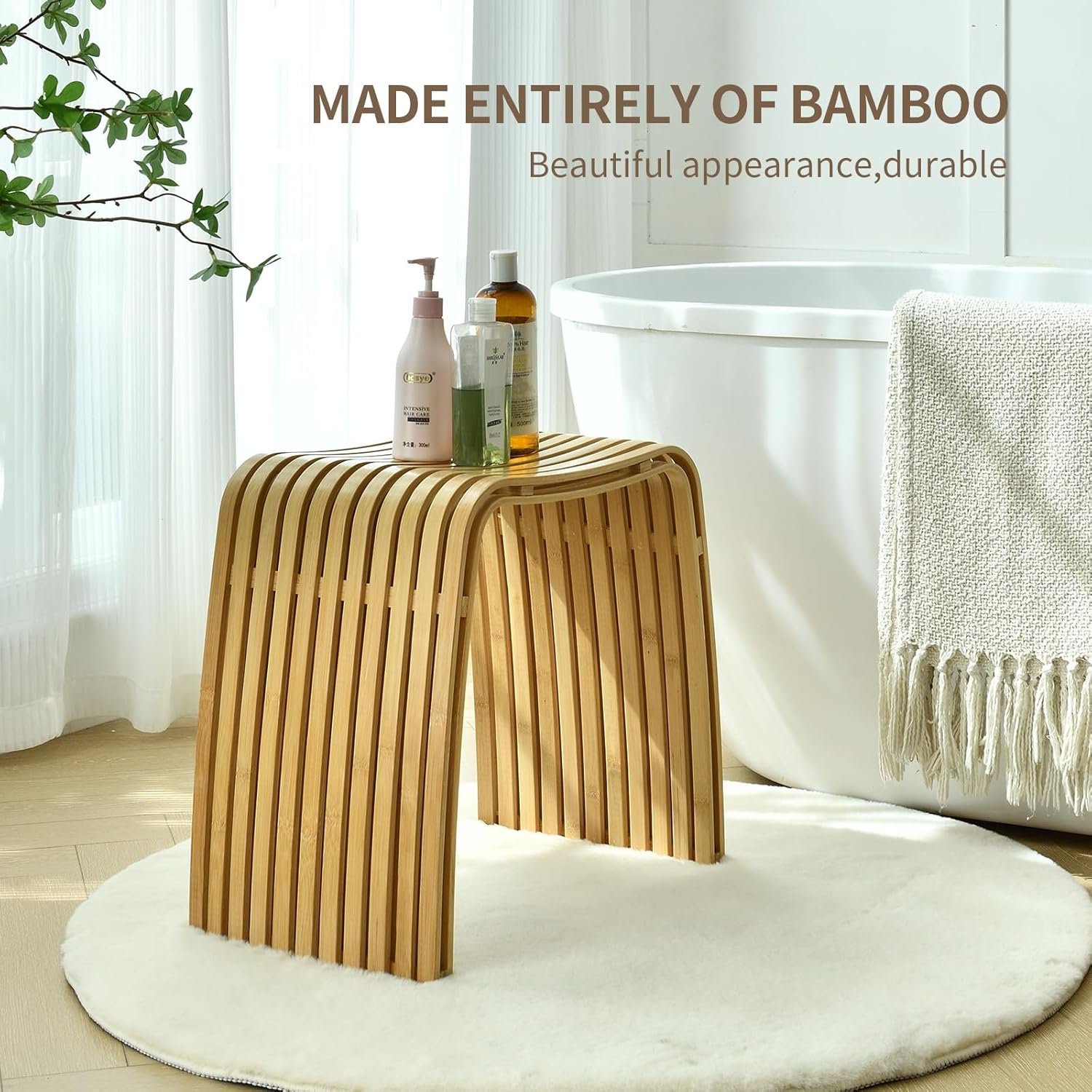 Bamboo Shower Bench, Non-Slip Shower Stool & 450 lbs, Waterproof Bathroom Stool Spa Bath Seat, Natural Bamboo Stool, Suitable for Multiple Settings: Bathroom, Bedroom, Dining Room and Living Room