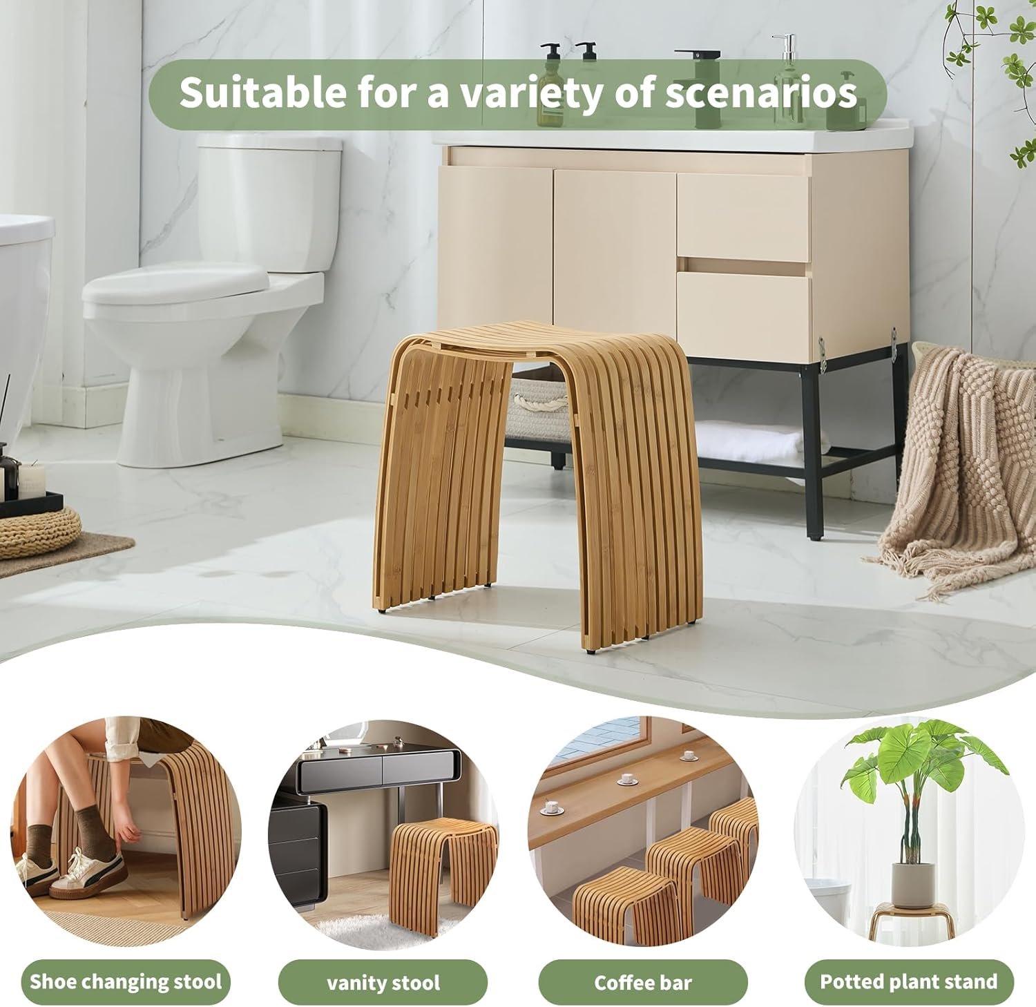 Bamboo Shower Bench, Non-Slip Shower Stool & 450 lbs, Waterproof Bathroom Stool Spa Bath Seat, Natural Bamboo Stool, Suitable for Multiple Settings: Bathroom, Bedroom, Dining Room and Living Room