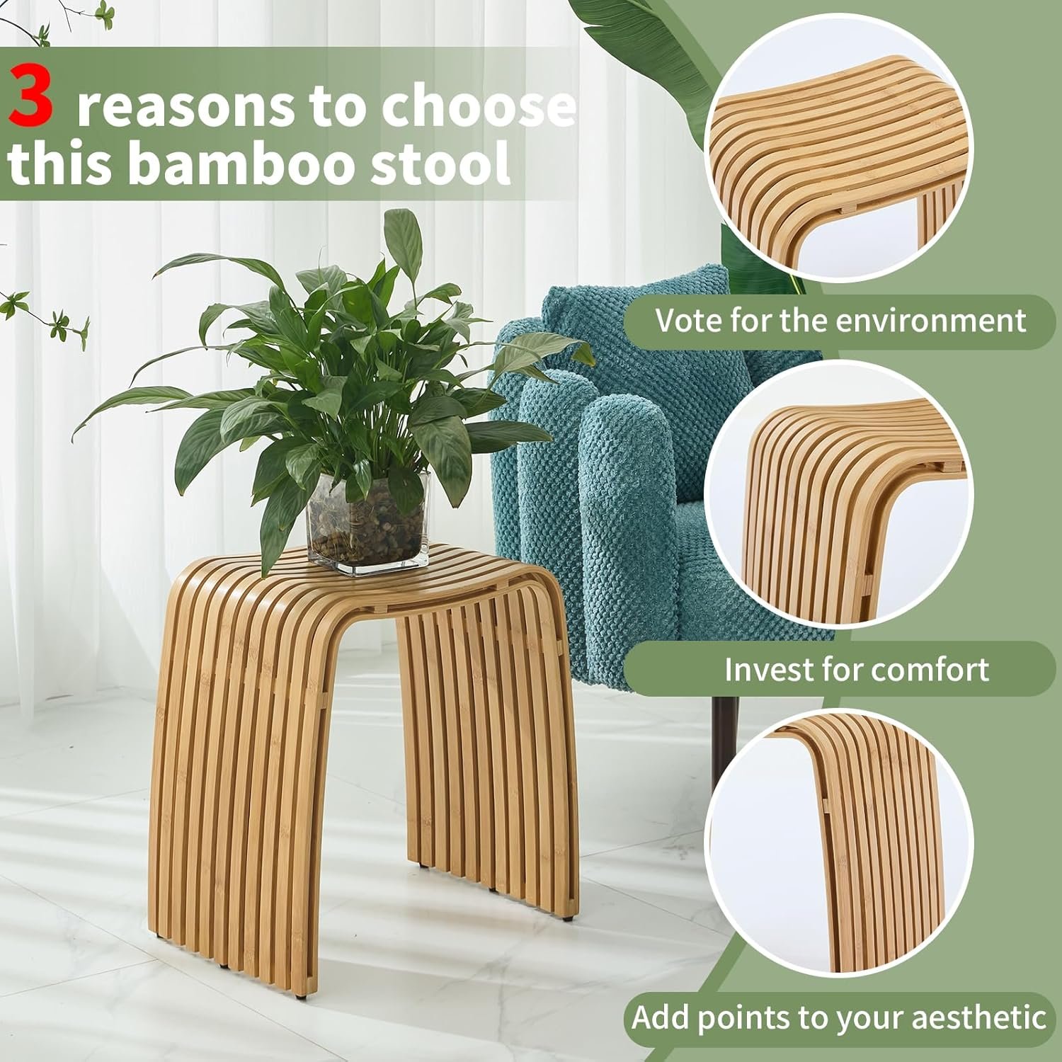 Bamboo Shower Bench, Non-Slip Shower Stool & 450 lbs, Waterproof Bathroom Stool Spa Bath Seat, Natural Bamboo Stool, Suitable for Multiple Settings: Bathroom, Bedroom, Dining Room and Living Room