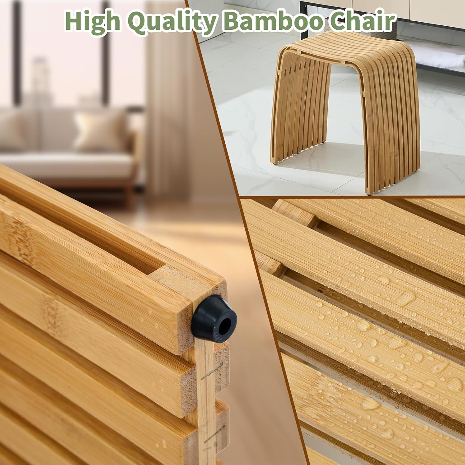 Bamboo Shower Bench, Non-Slip Shower Stool & 450 lbs, Waterproof Bathroom Stool Spa Bath Seat, Natural Bamboo Stool, Suitable for Multiple Settings: Bathroom, Bedroom, Dining Room and Living Room