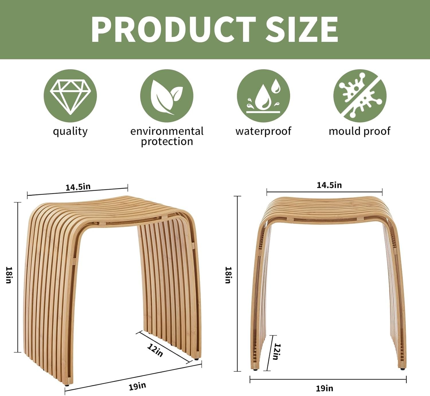 Bamboo Shower Bench, Non-Slip Shower Stool & 450 lbs, Waterproof Bathroom Stool Spa Bath Seat, Natural Bamboo Stool, Suitable for Multiple Settings: Bathroom, Bedroom, Dining Room and Living Room
